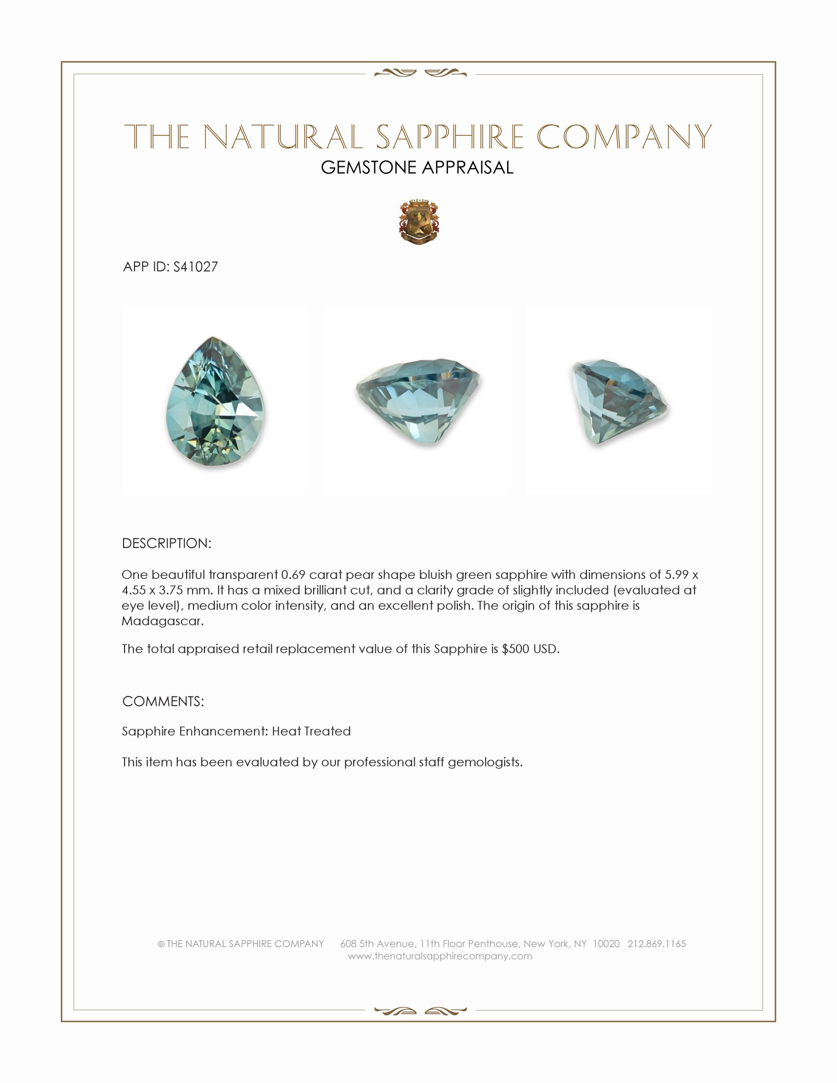 0.69 Ct. Bluish Green Sapphire from Madagascar