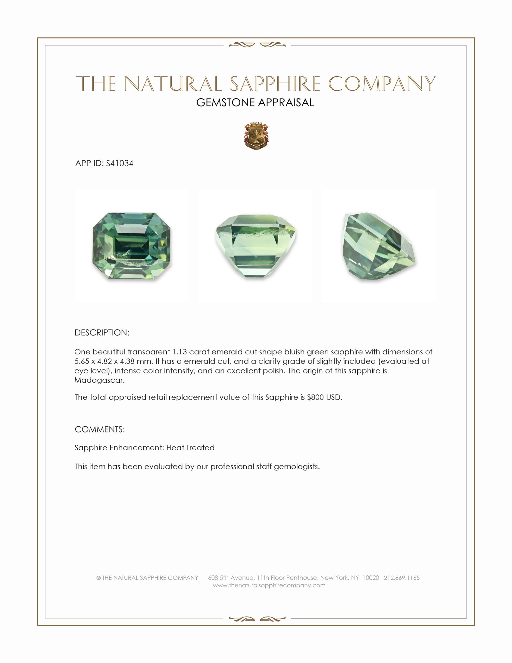 1.13 Ct. Bluish Green Sapphire from Madagascar