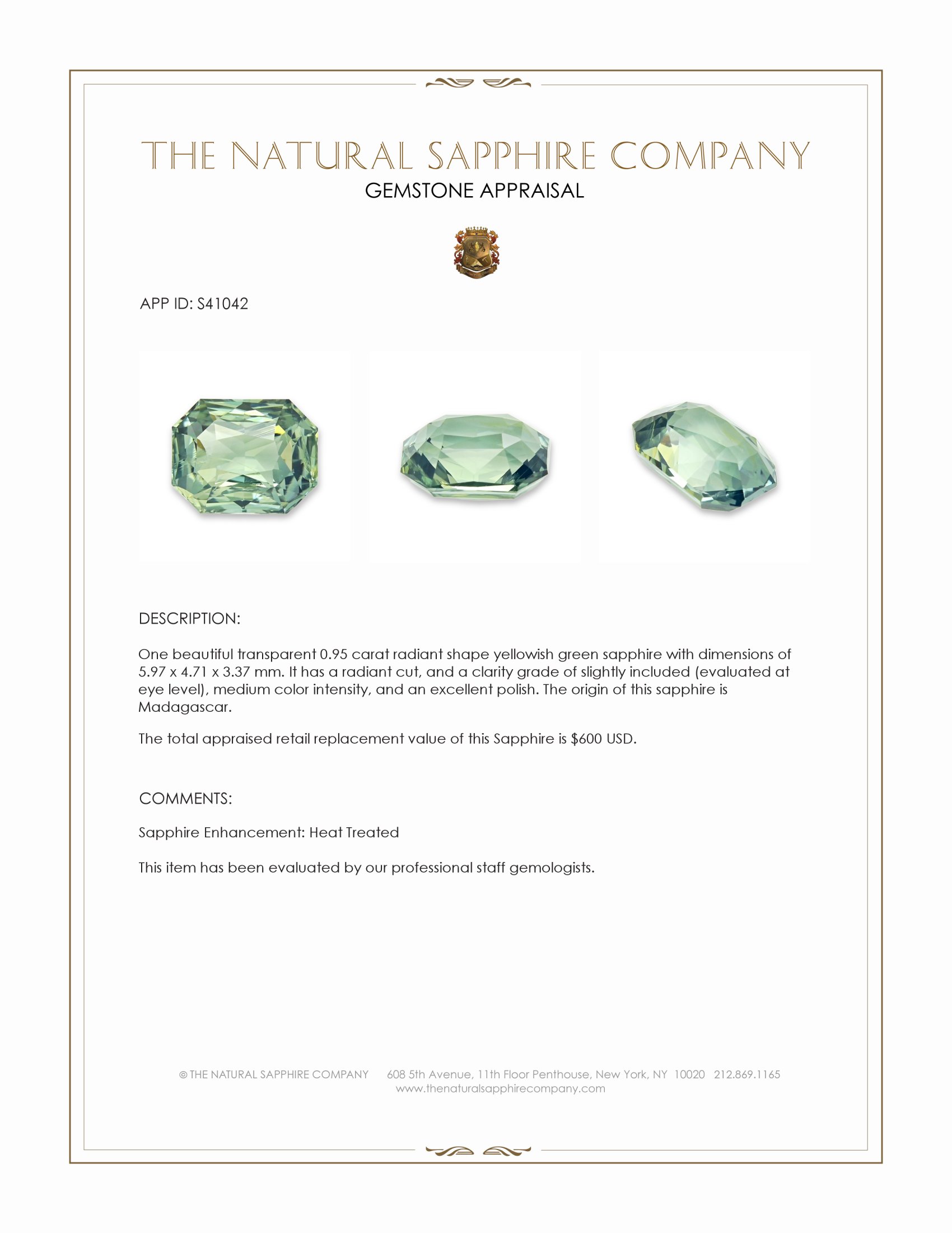 0.95 Ct. Yellowish Green Sapphire from Madagascar
