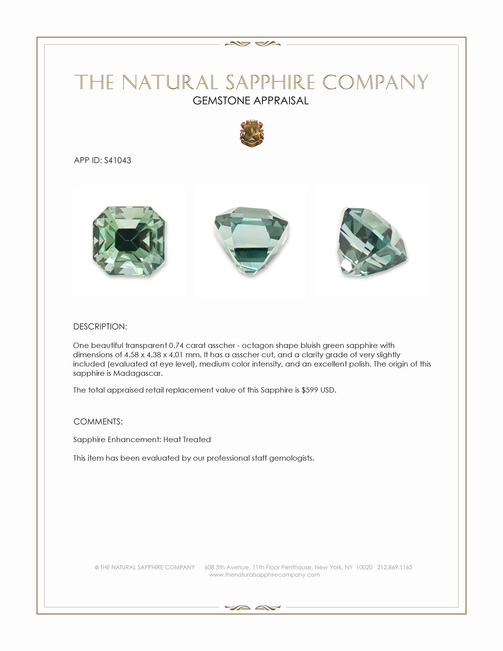 0.74 Ct. Bluish Green Sapphire from Madagascar