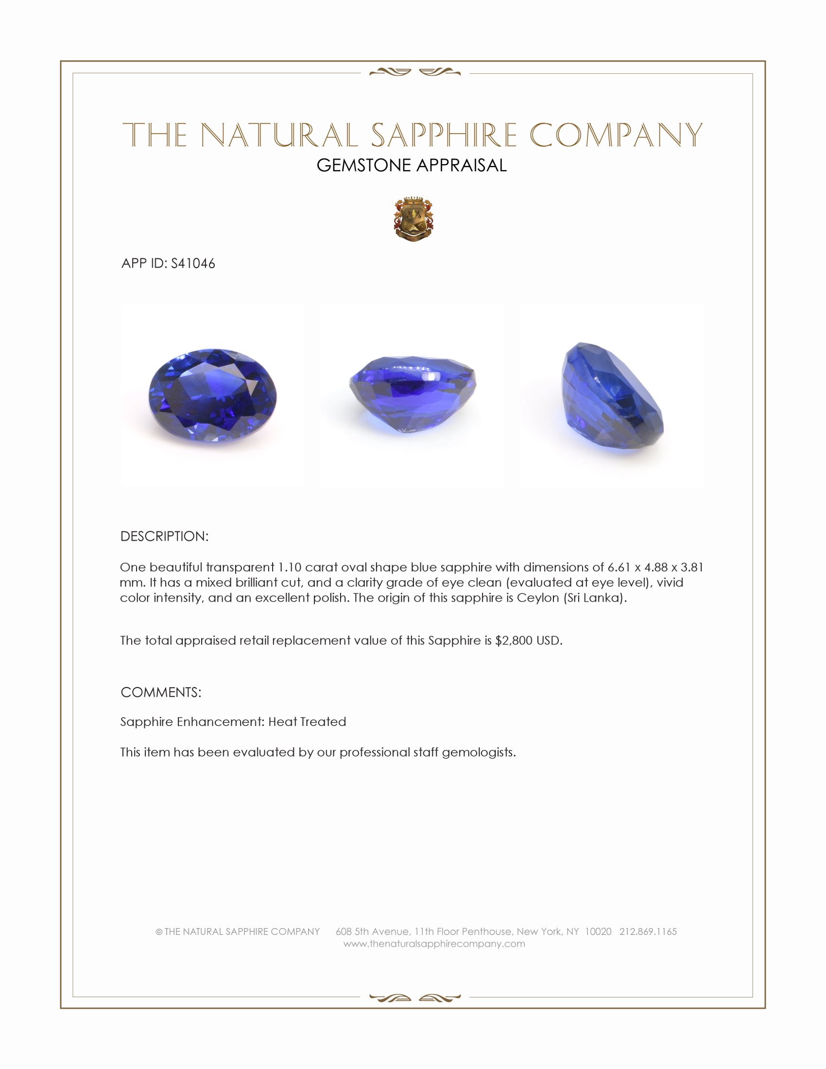 1.10 Ct. Blue Sapphire from Ceylon (Sri Lanka)