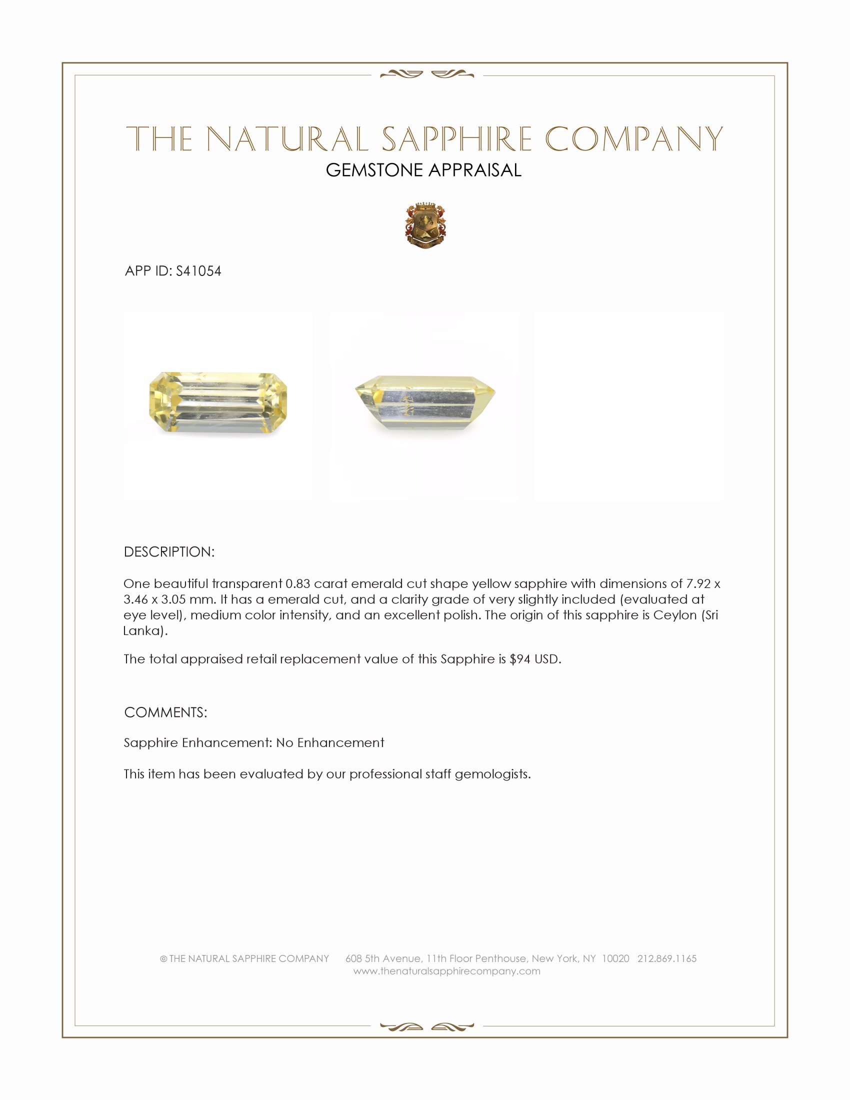 0.83 Ct. Yellow Sapphire from Ceylon (Sri Lanka)