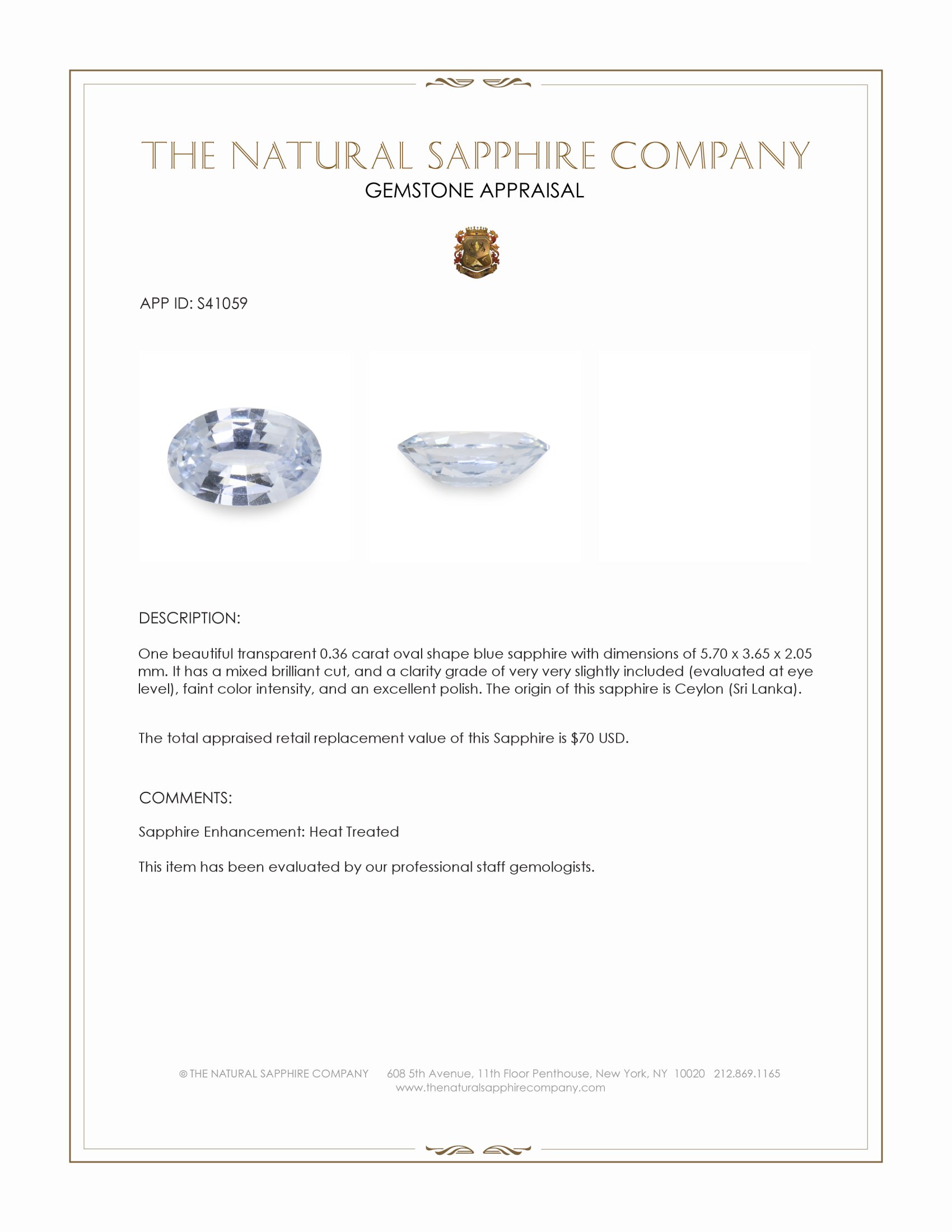 0.36 Ct. Blue Sapphire from Ceylon (Sri Lanka)