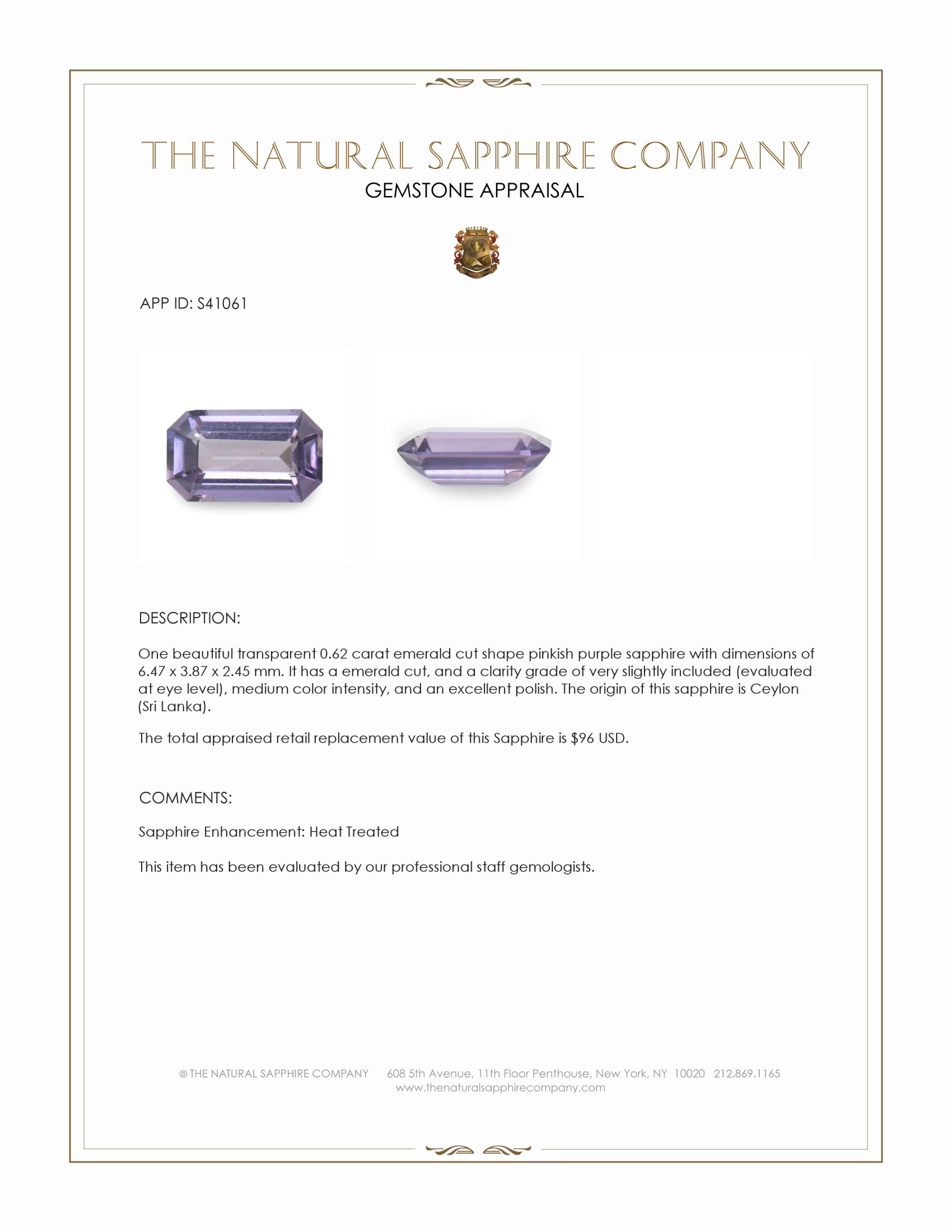 0.62 Ct. Pinkish Purple Sapphire from Ceylon (Sri Lanka)