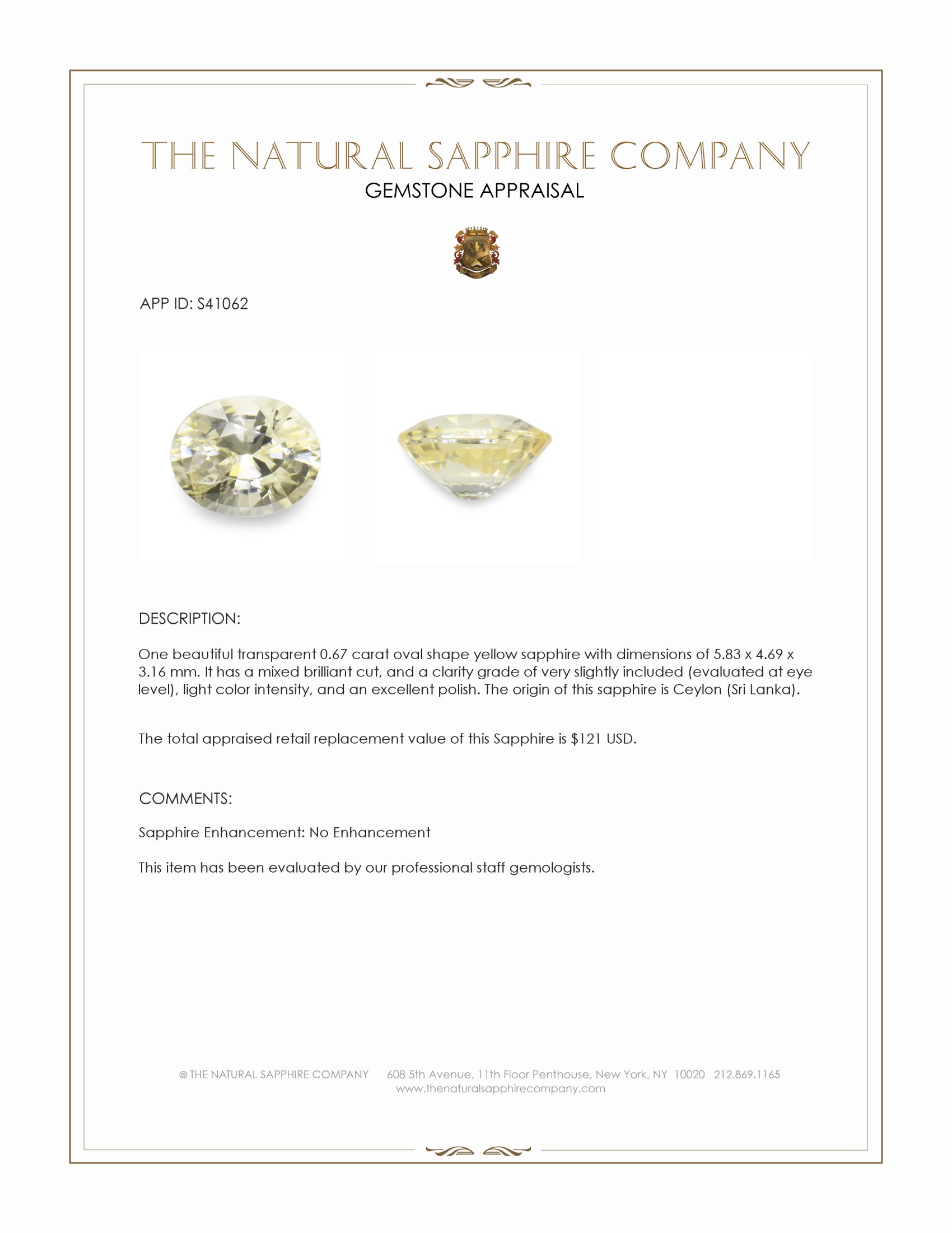 0.67 Ct. Yellow Sapphire from Ceylon (Sri Lanka)
