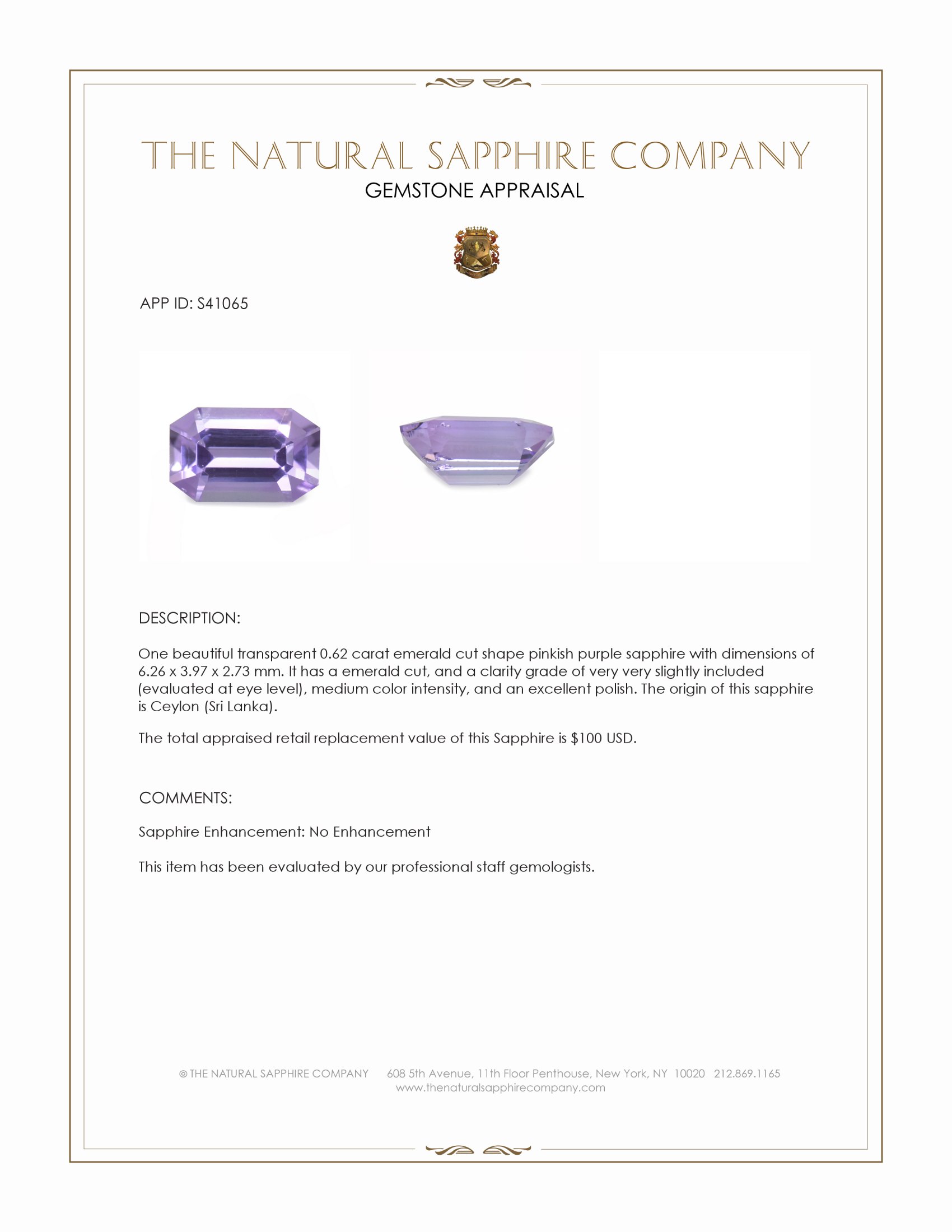 0.62 Ct. Pinkish Purple Sapphire from Ceylon (Sri Lanka)