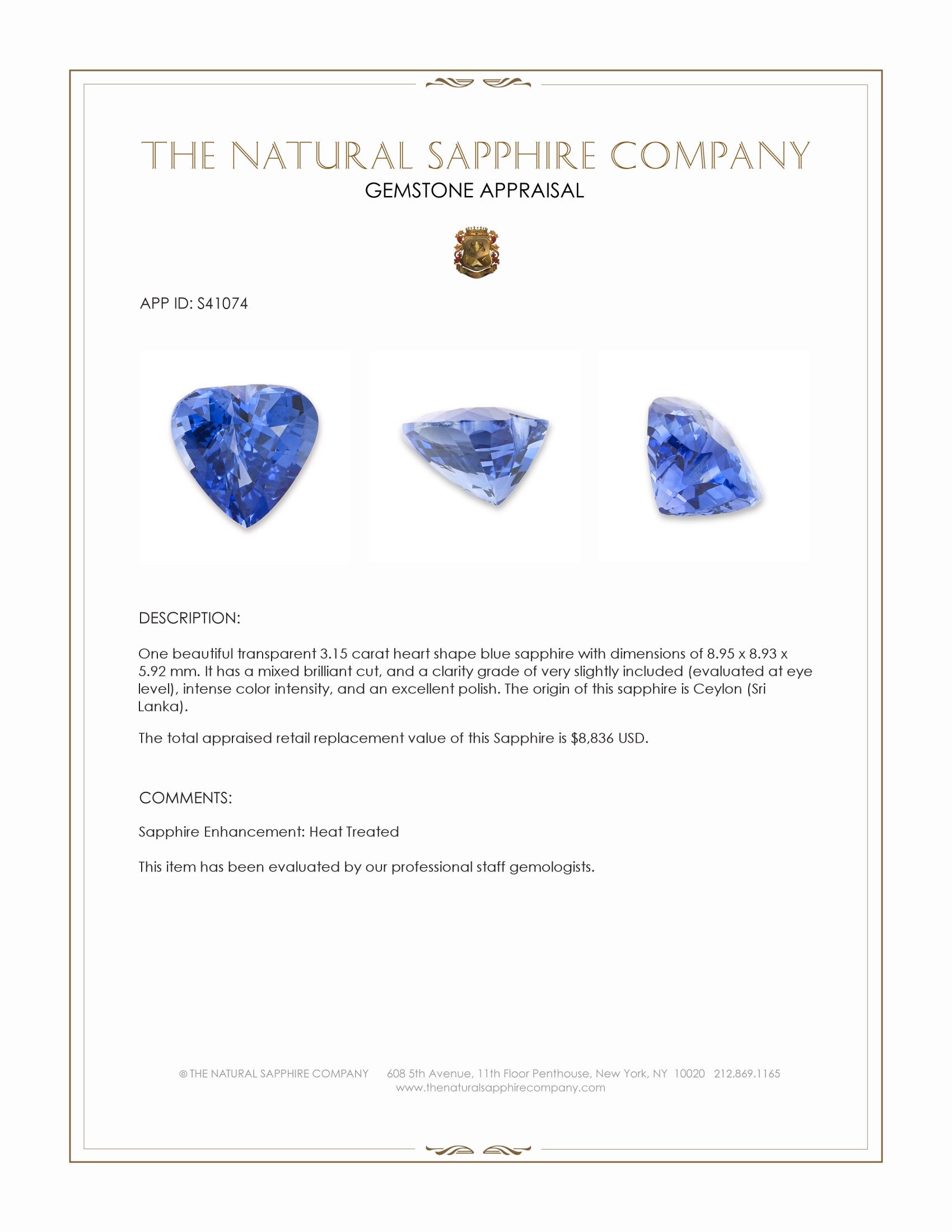 3.15 Ct. Blue Sapphire from Ceylon (Sri Lanka)