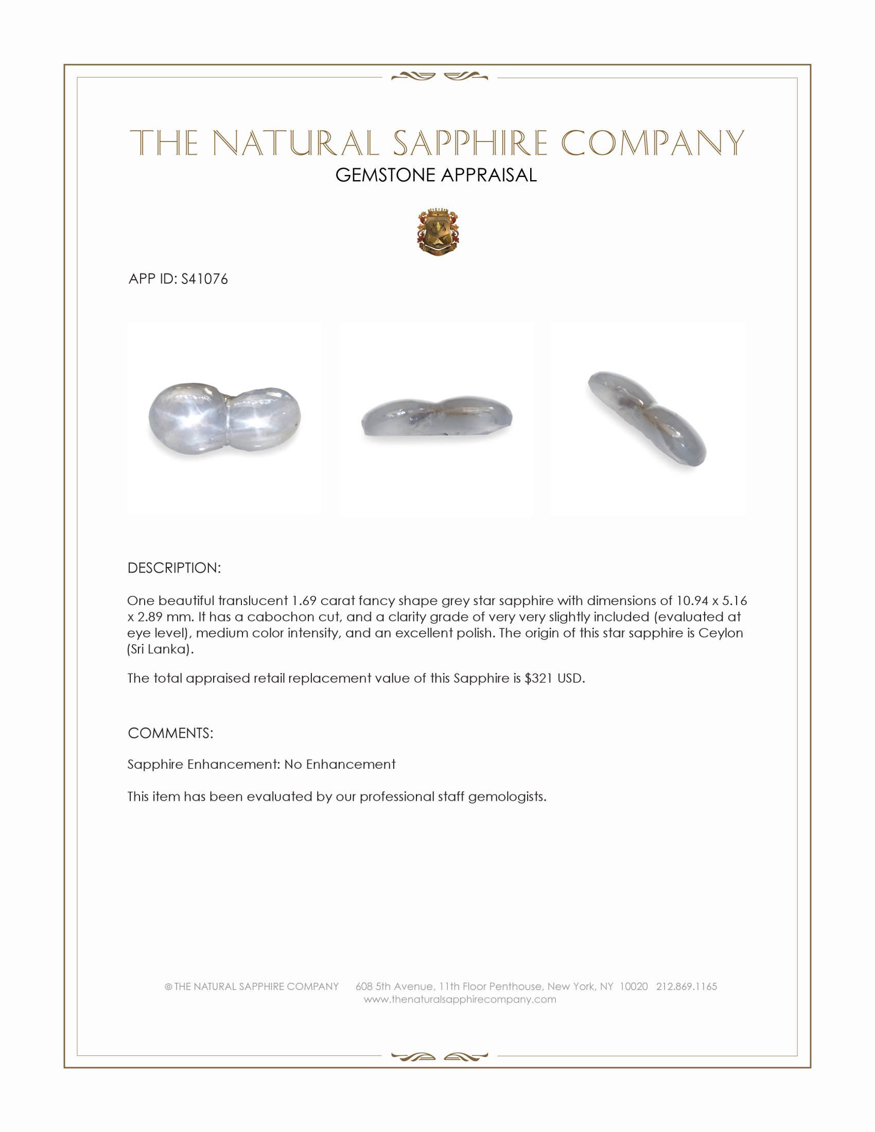 1.69 Ct. Grey Star Sapphire from Ceylon (Sri Lanka)
