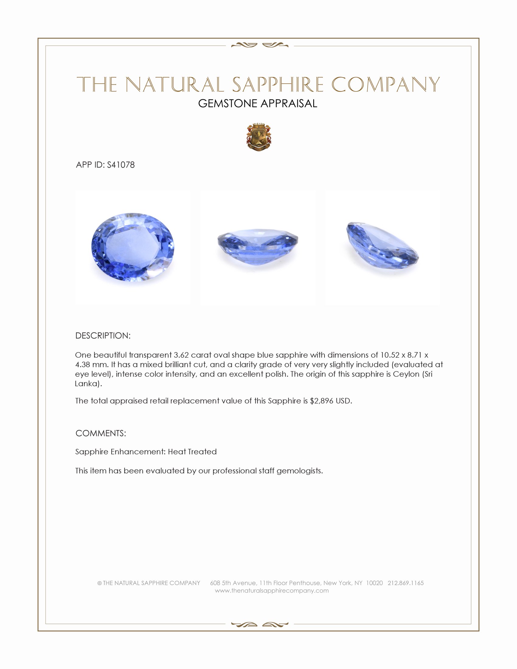 3.62 Ct. Blue Sapphire from Ceylon (Sri Lanka)