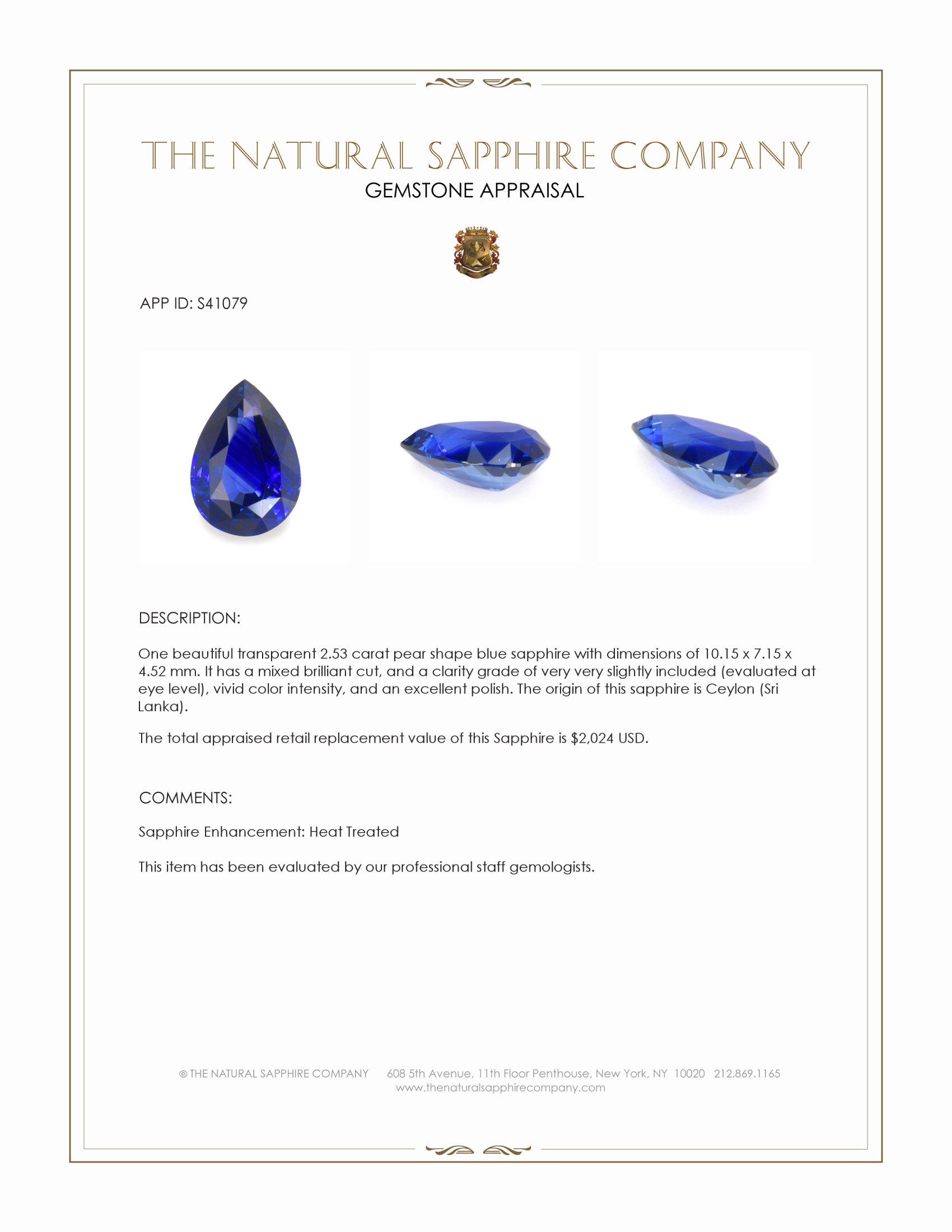 2.53 Ct. Blue Sapphire from Ceylon (Sri Lanka)