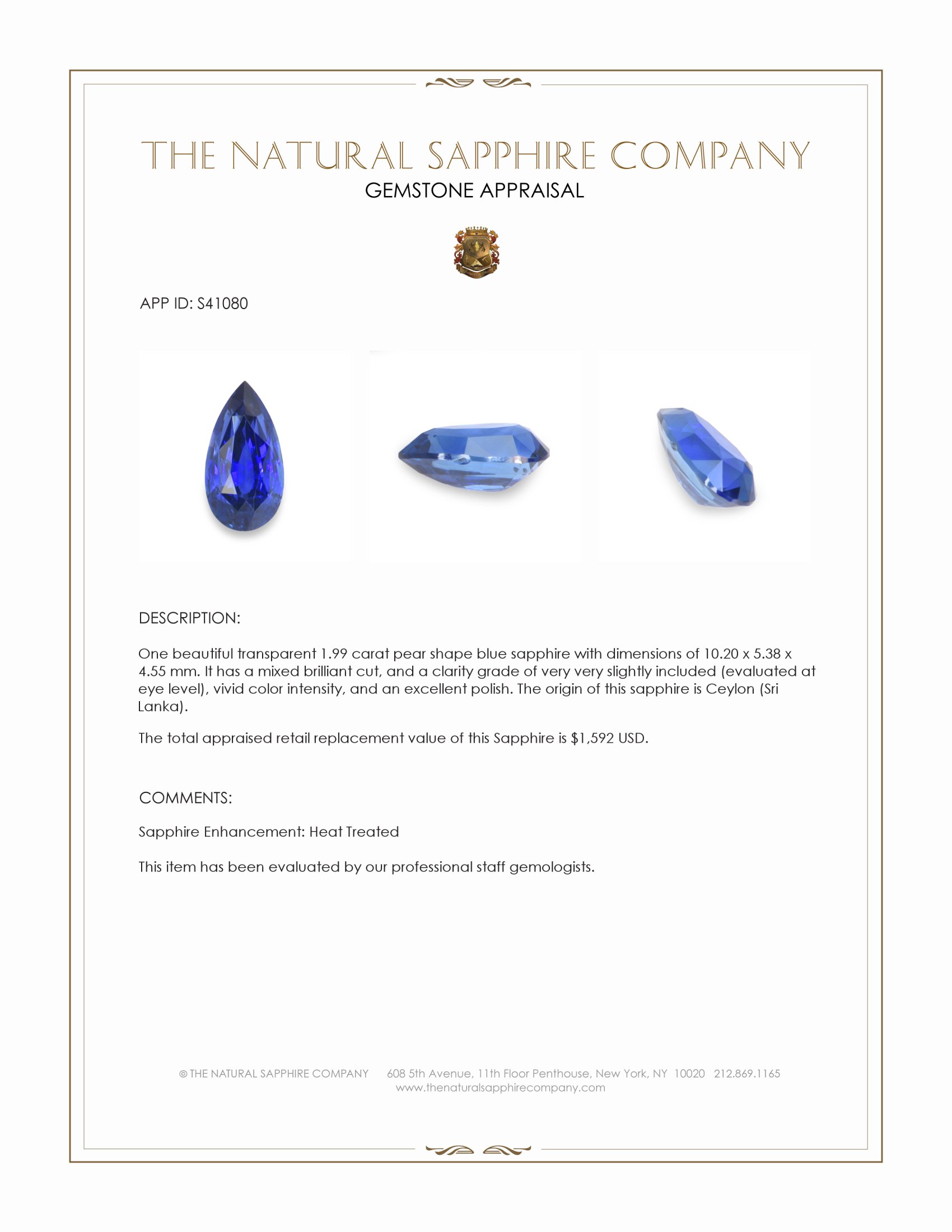 1.99 Ct. Blue Sapphire from Ceylon (Sri Lanka)