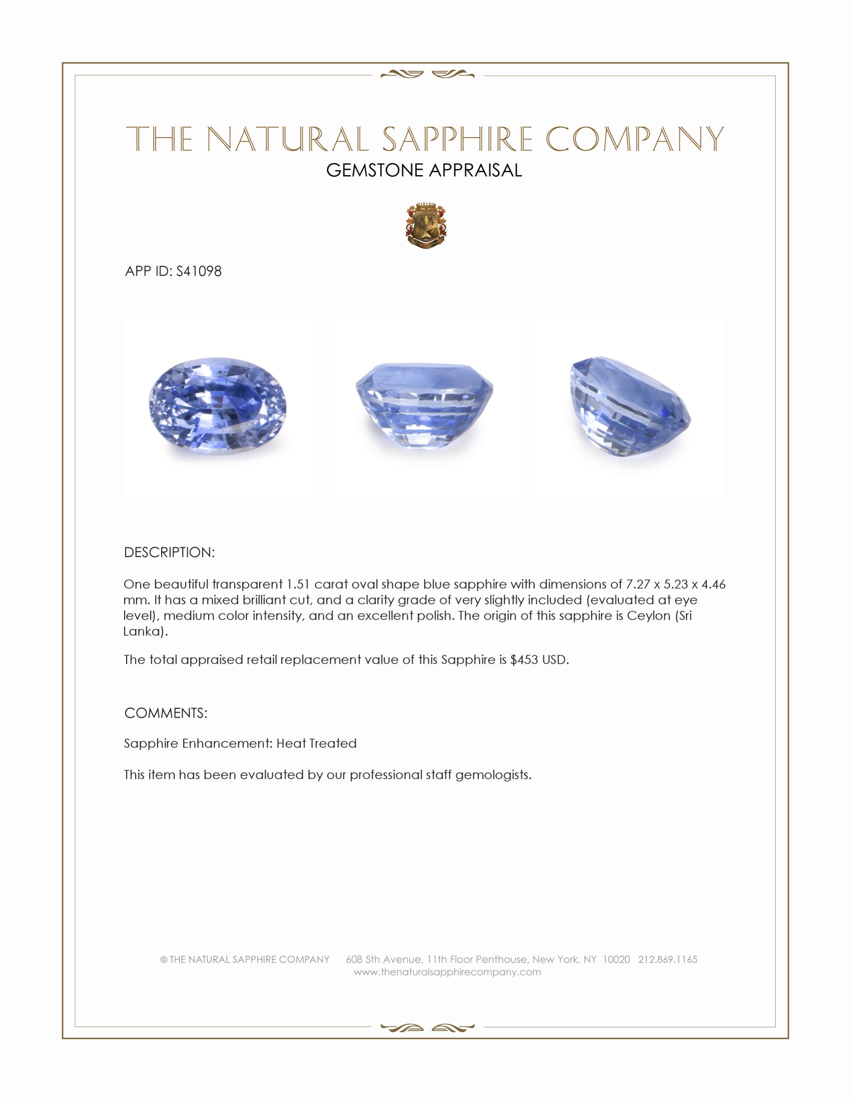 1.51 Ct. Blue Sapphire from Ceylon (Sri Lanka)