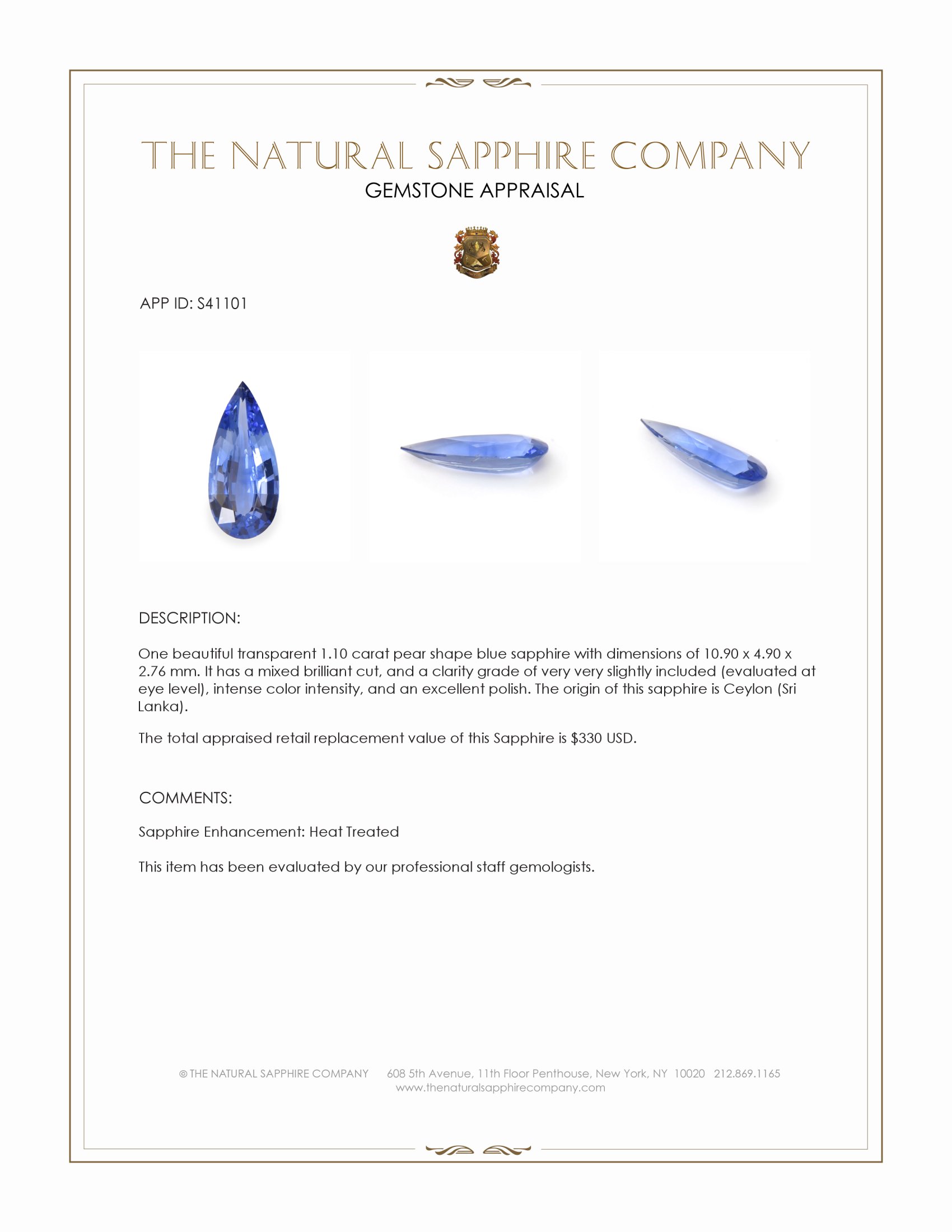 1.10 Ct. Blue Sapphire from Ceylon (Sri Lanka)