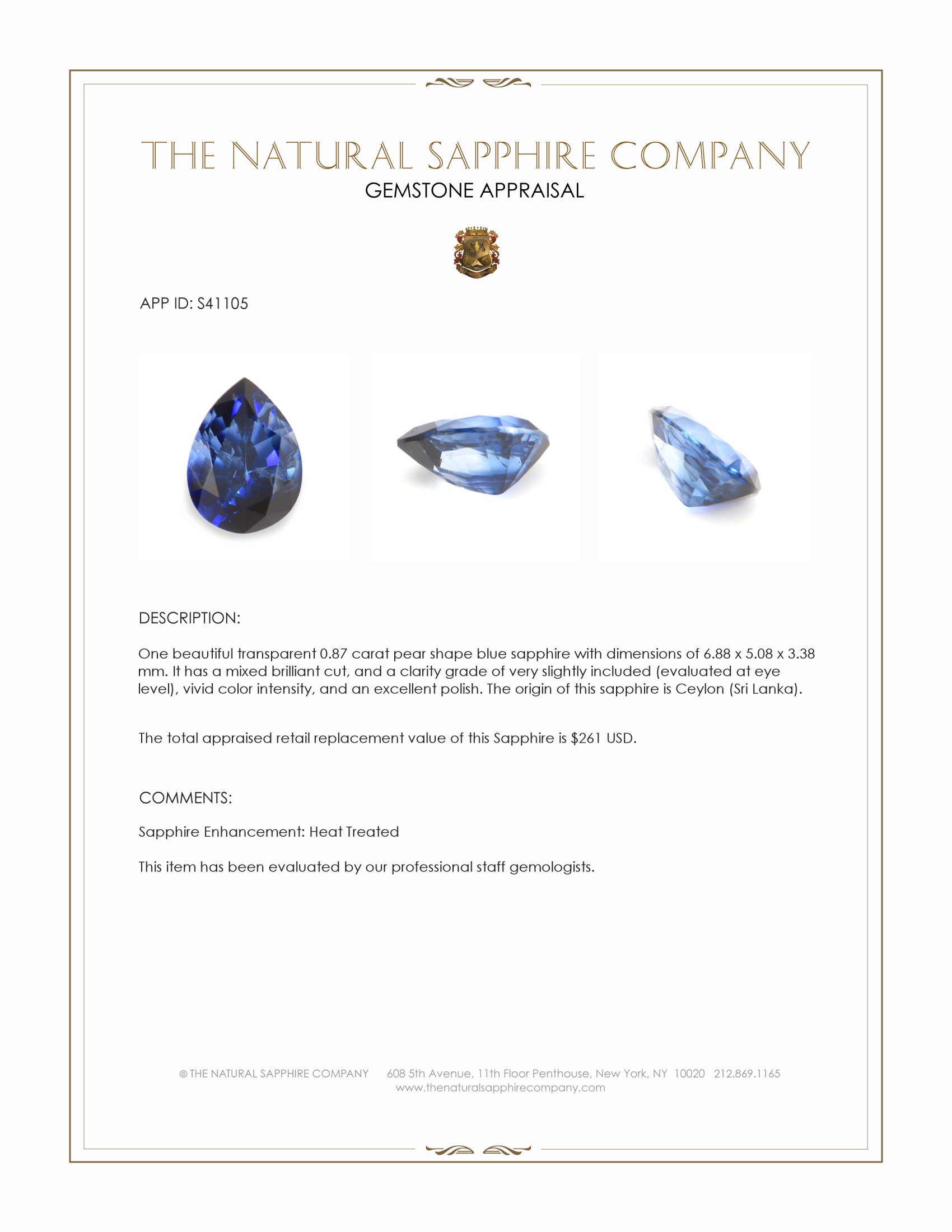0.87 Ct. Blue Sapphire from Ceylon (Sri Lanka)