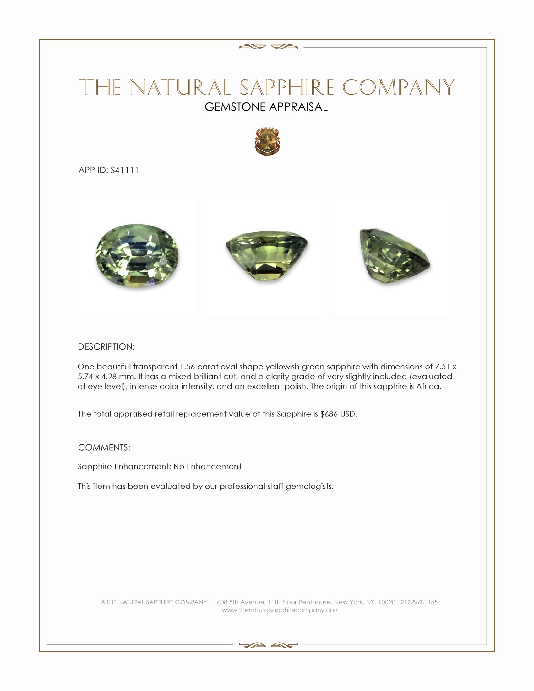 1.56 Ct. Yellowish Green Sapphire from Africa