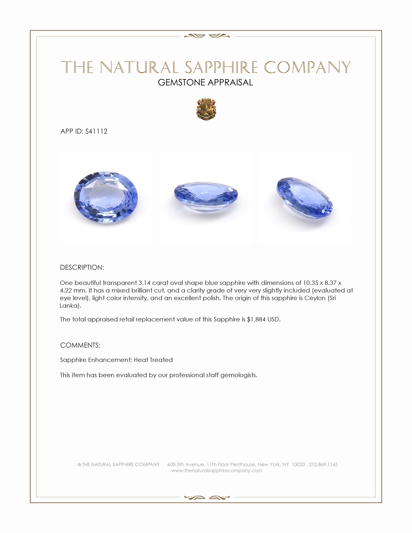 3.14 Ct. Blue Sapphire from Ceylon (Sri Lanka)