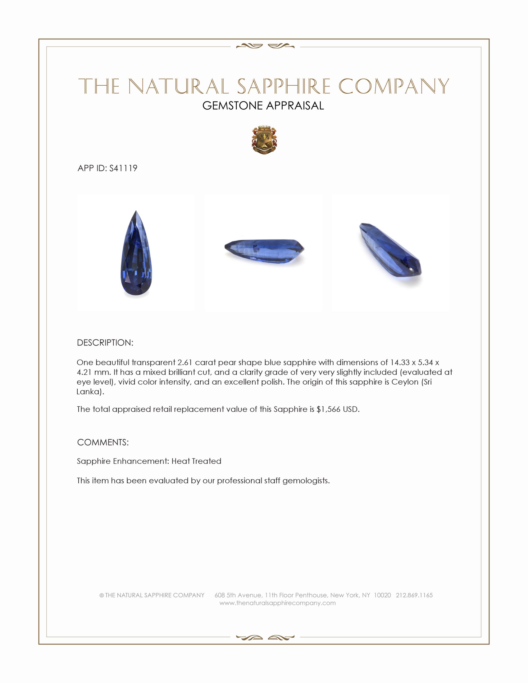 2.61 Ct. Blue Sapphire from Ceylon (Sri Lanka)