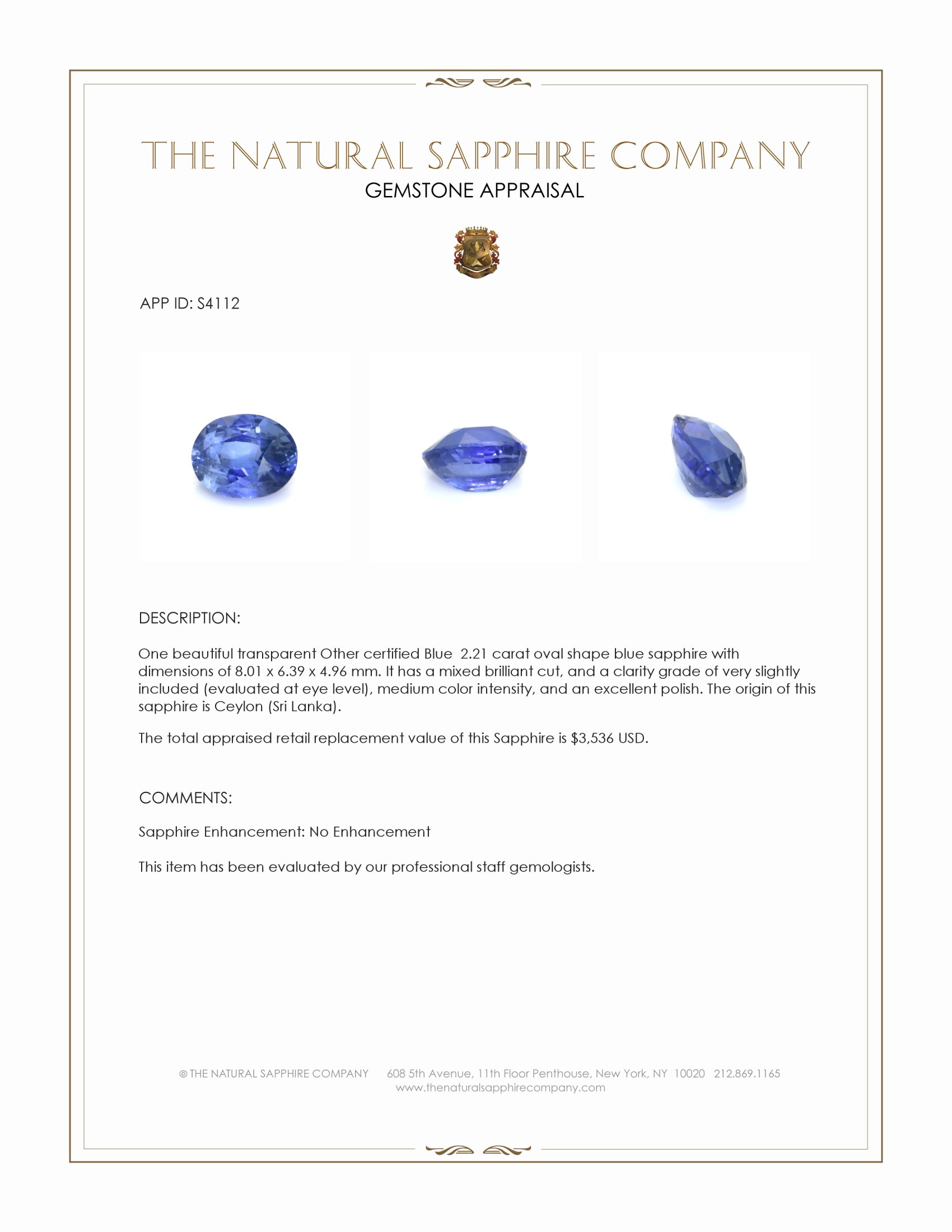 2.21 Ct. Blue Sapphire from Ceylon (Sri Lanka)