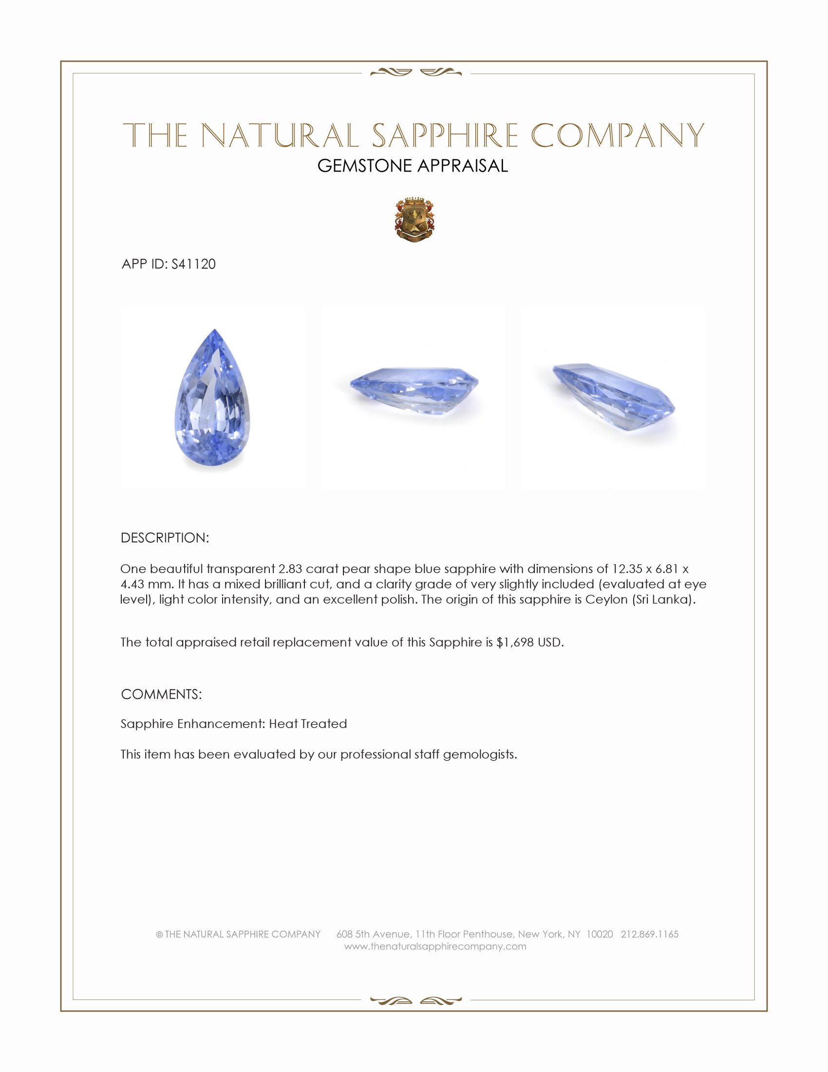 2.83 Ct. Blue Sapphire from Ceylon (Sri Lanka)
