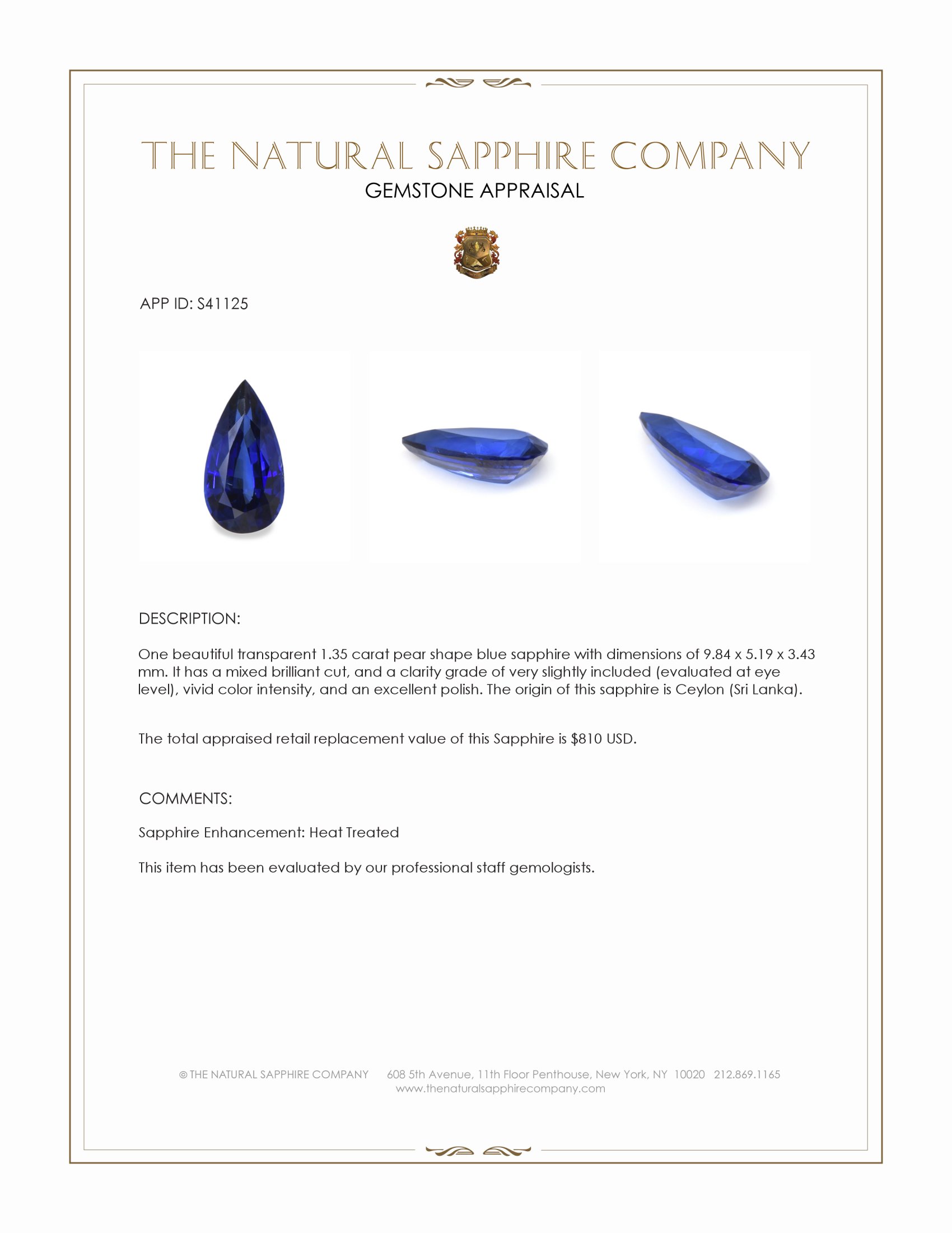 1.35 Ct. Blue Sapphire from Ceylon (Sri Lanka)