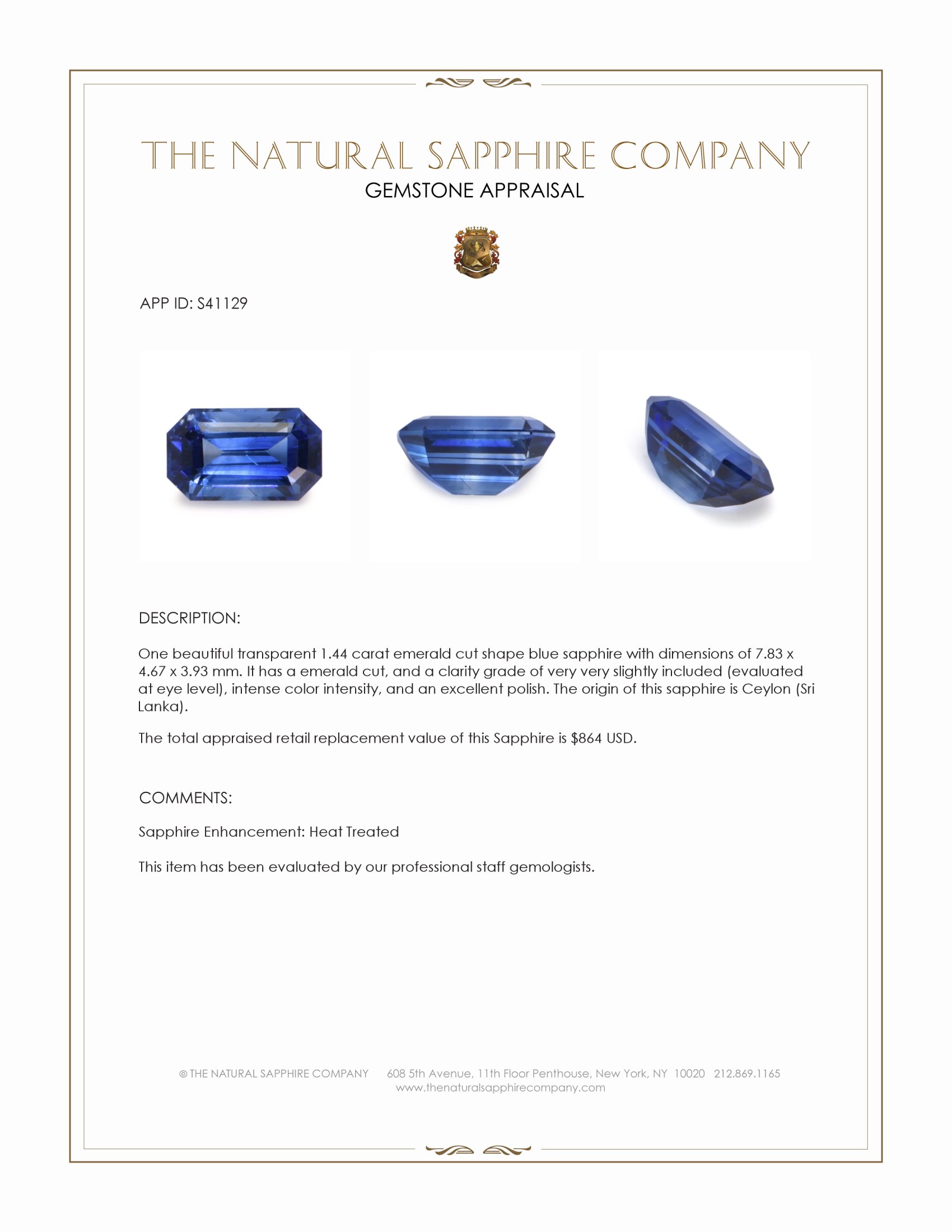 1.44 Ct. Blue Sapphire from Ceylon (Sri Lanka)