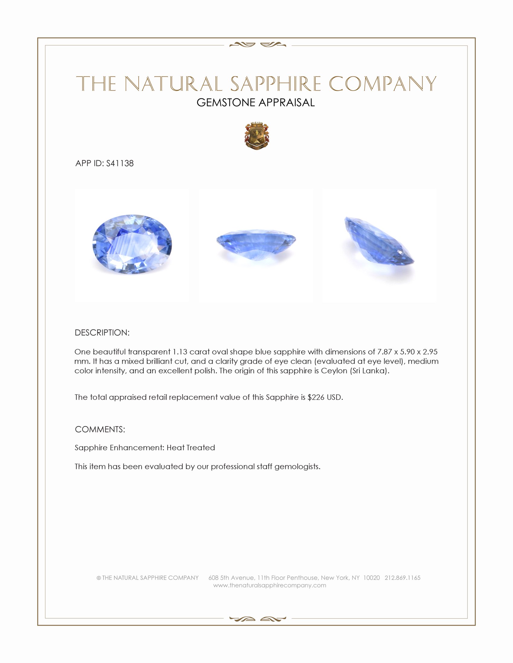 1.13 Ct. Blue Sapphire from Ceylon (Sri Lanka)