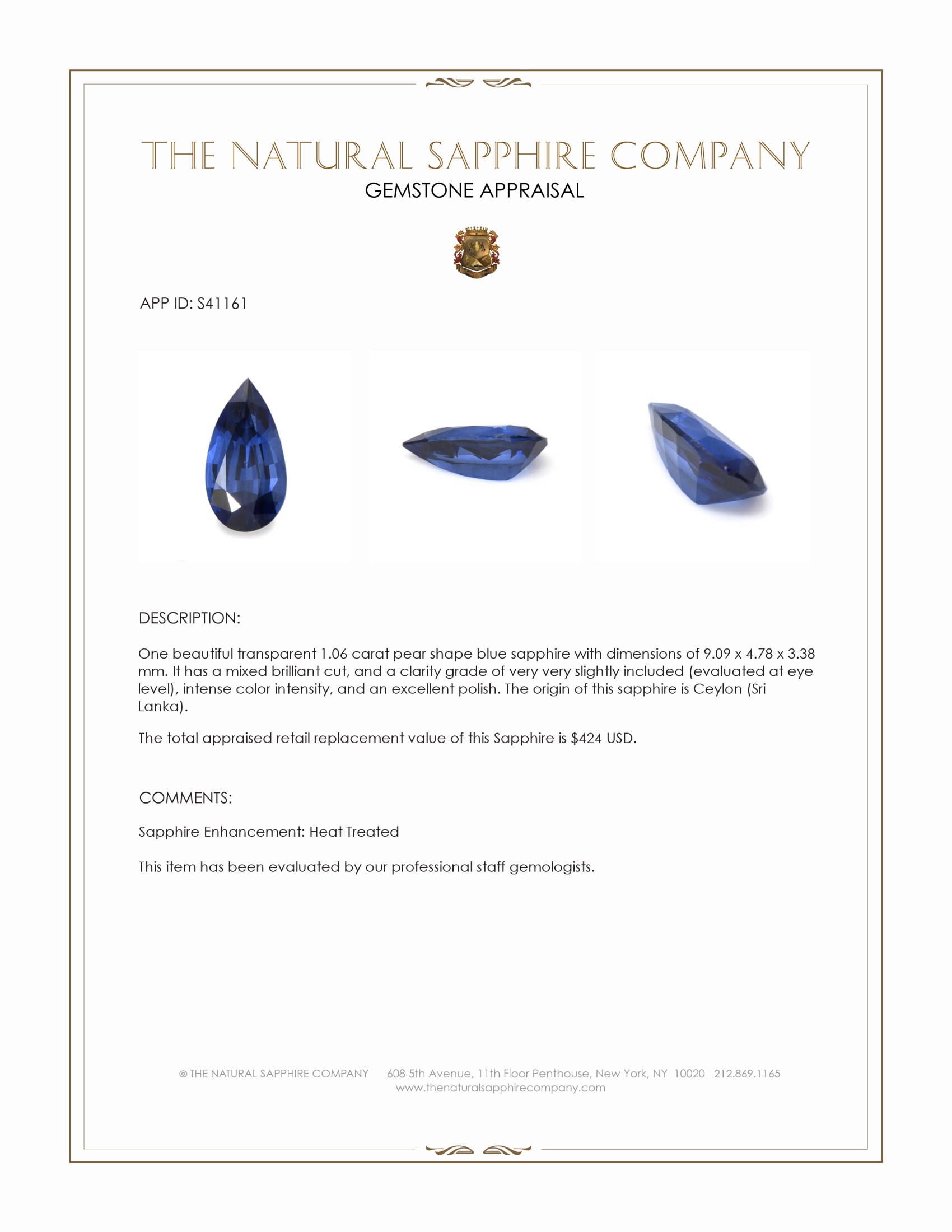 1.06 Ct. Blue Sapphire from Ceylon (Sri Lanka)
