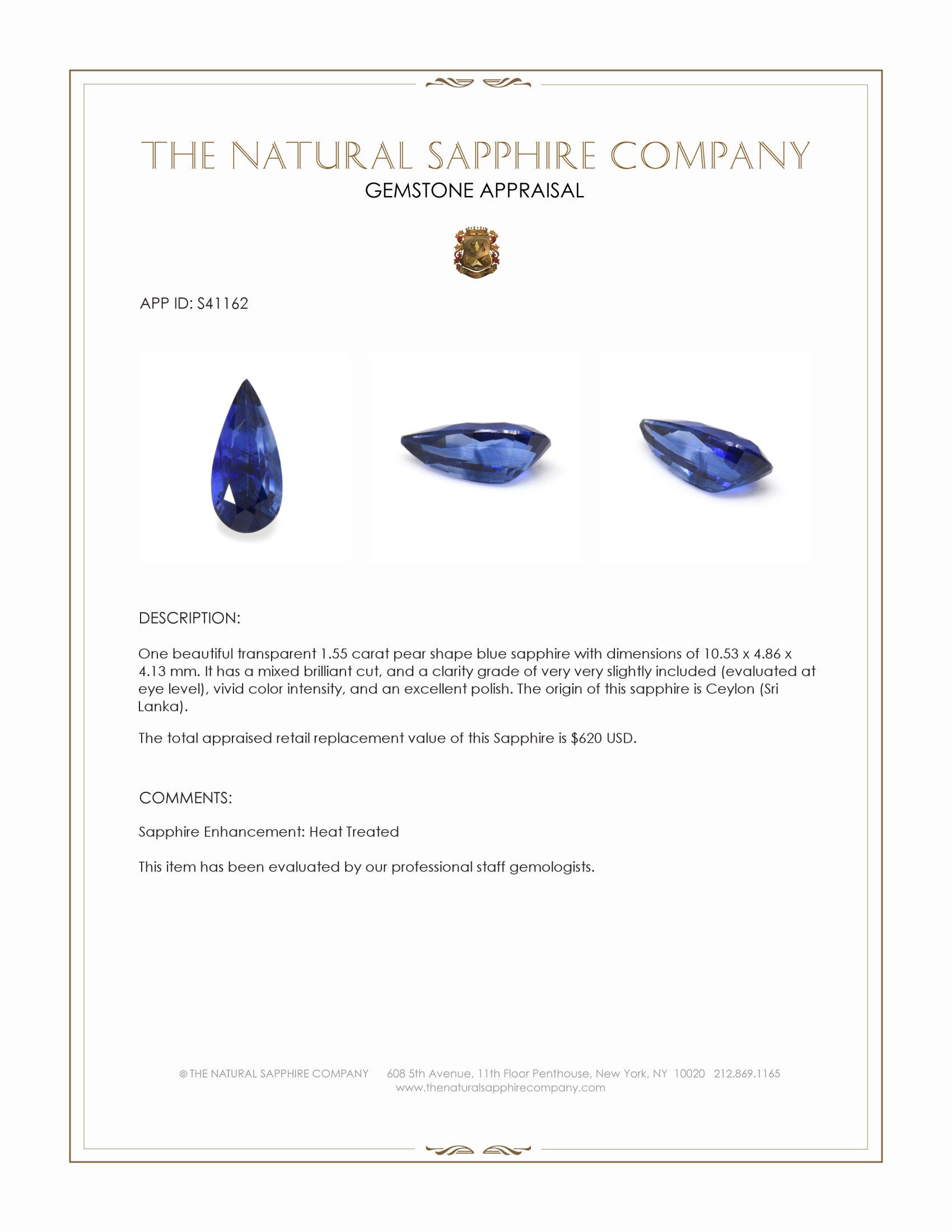 1.55 Ct. Blue Sapphire from Ceylon (Sri Lanka)