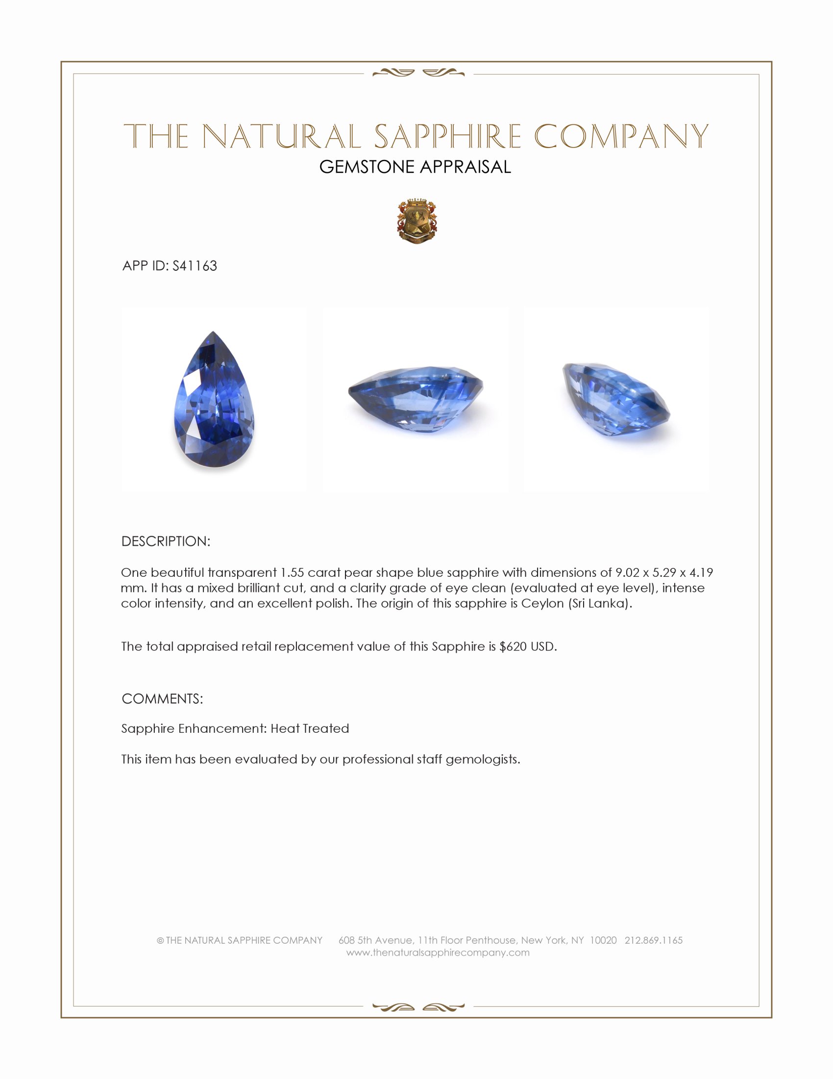 1.55 Ct. Blue Sapphire from Ceylon (Sri Lanka)