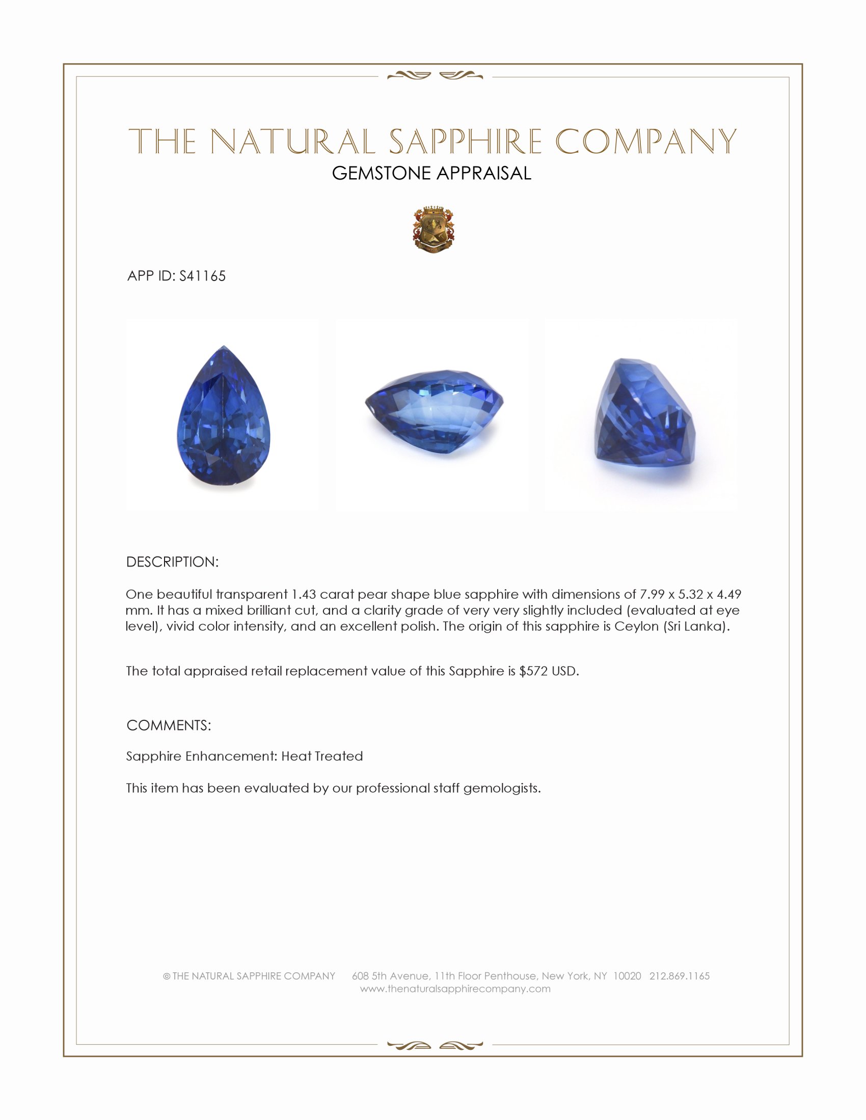 1.43 Ct. Blue Sapphire from Ceylon (Sri Lanka)