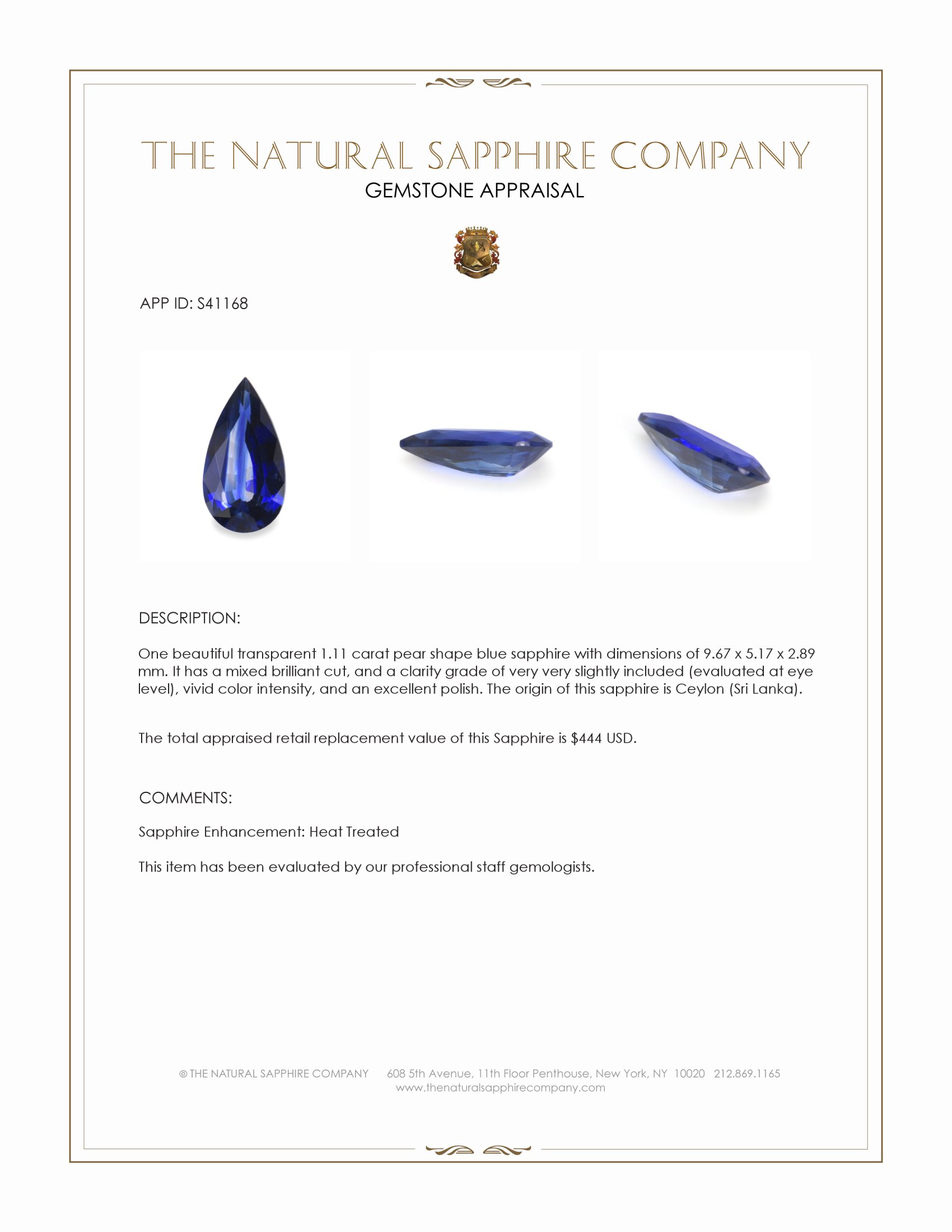 1.11 Ct. Blue Sapphire from Ceylon (Sri Lanka)