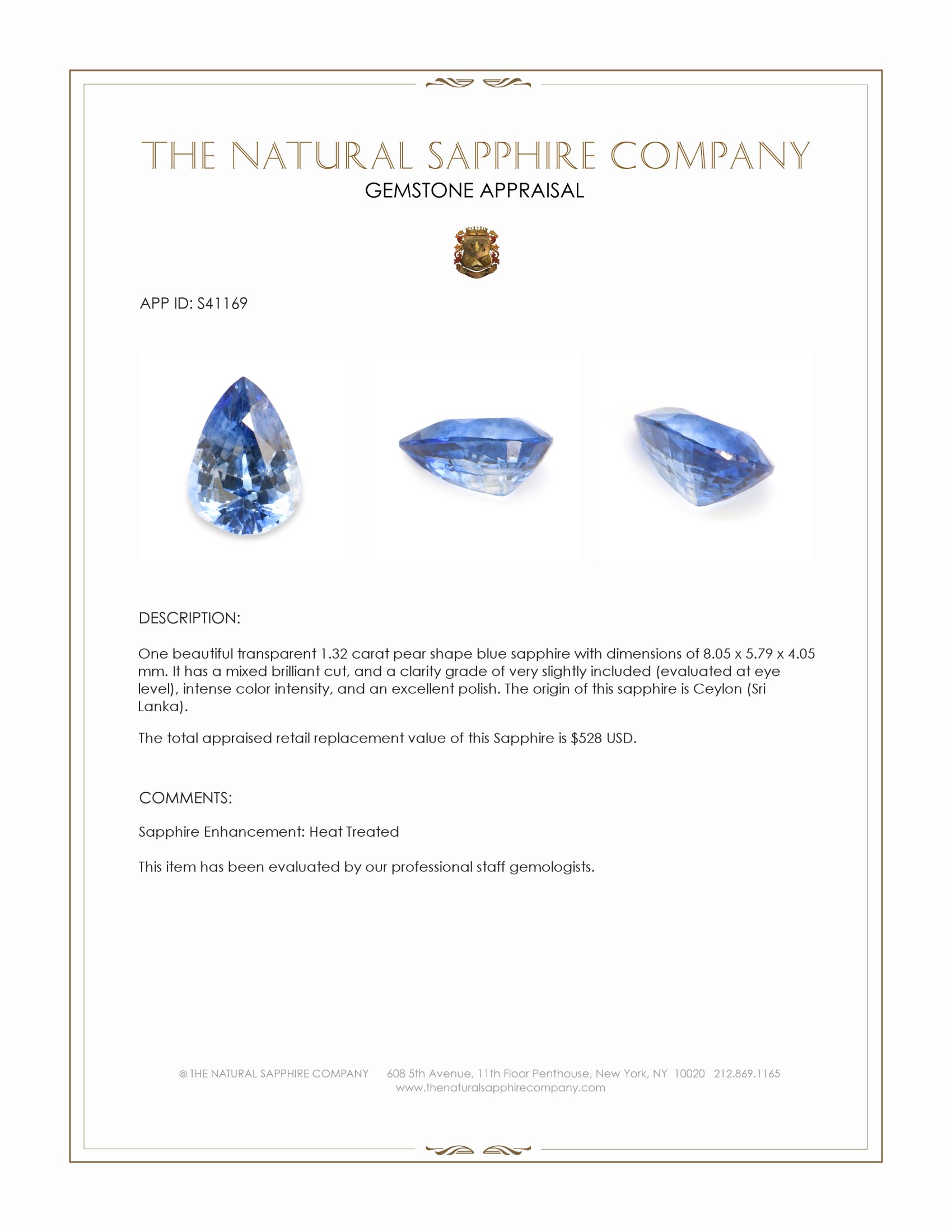 1.32 Ct. Blue Sapphire from Ceylon (Sri Lanka)