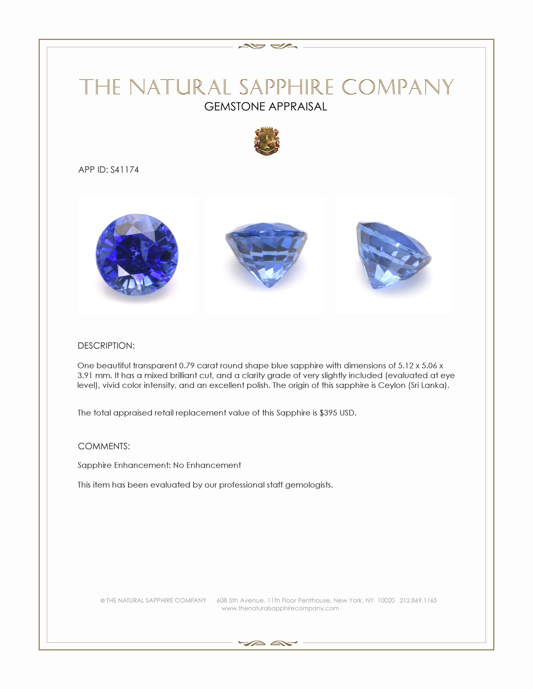 0.79 Ct. Blue Sapphire from Ceylon (Sri Lanka)