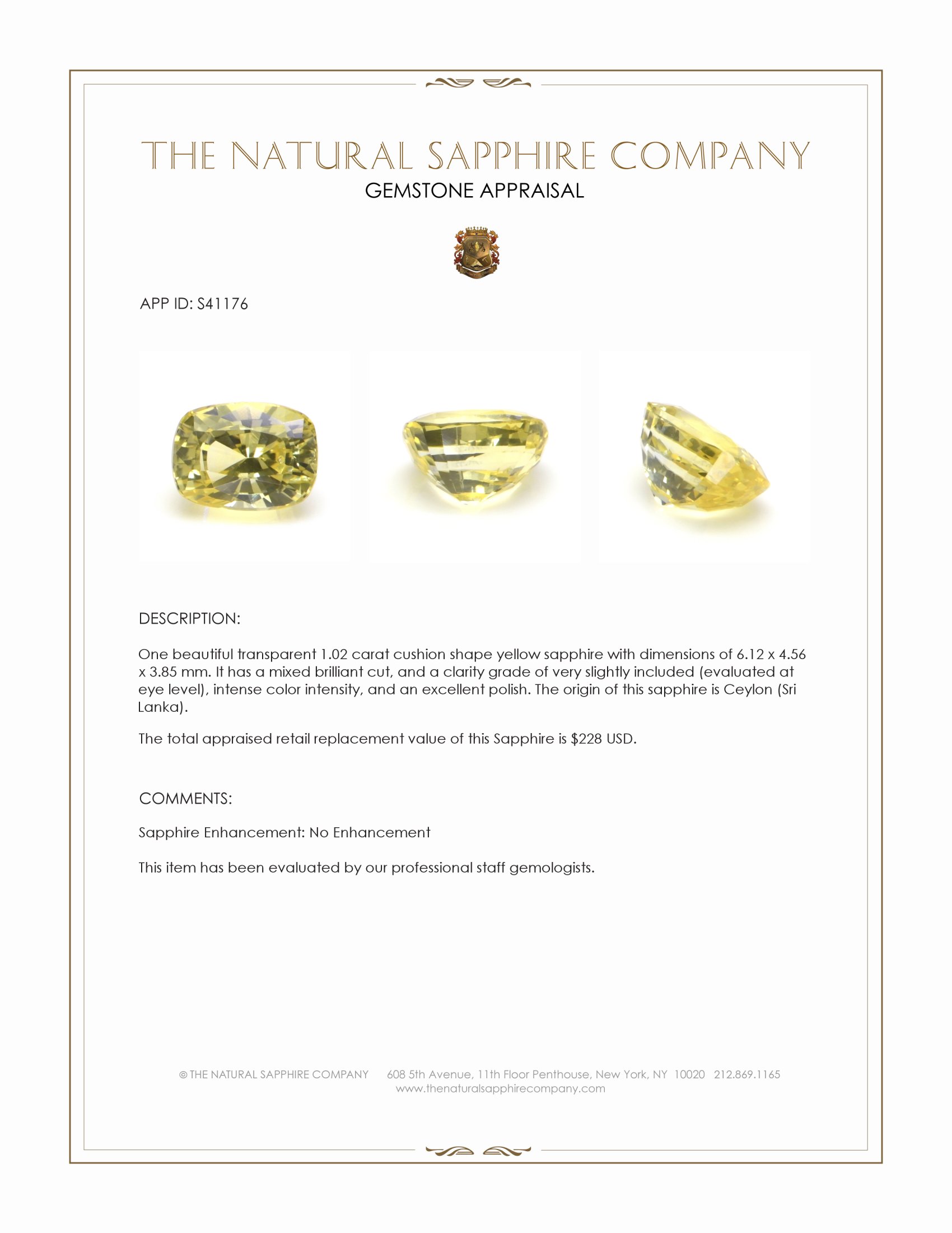 1.02 Ct. Yellow Sapphire from Ceylon (Sri Lanka)