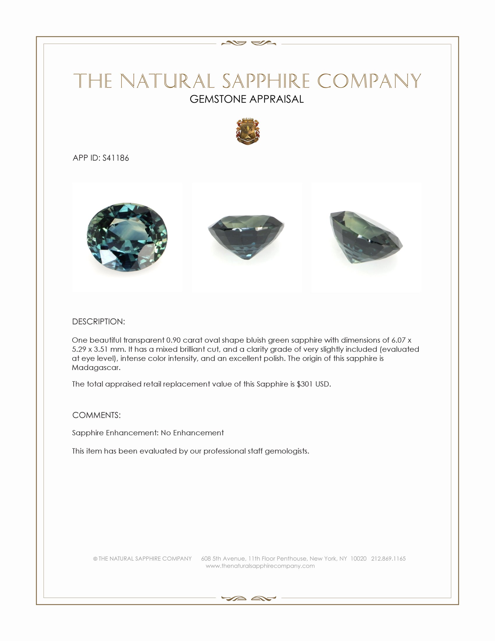 0.90 Ct. Bluish Green Sapphire from Madagascar