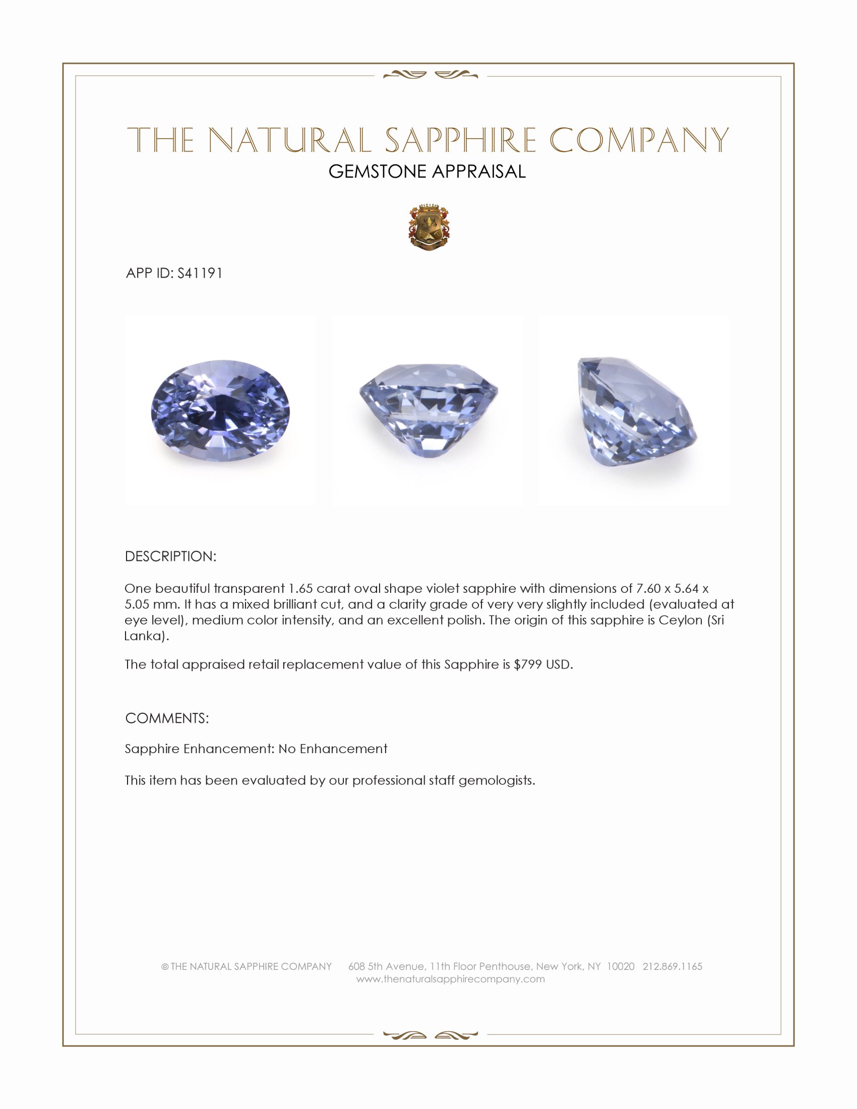 1.65 Ct. Violet Sapphire from Ceylon (Sri Lanka)