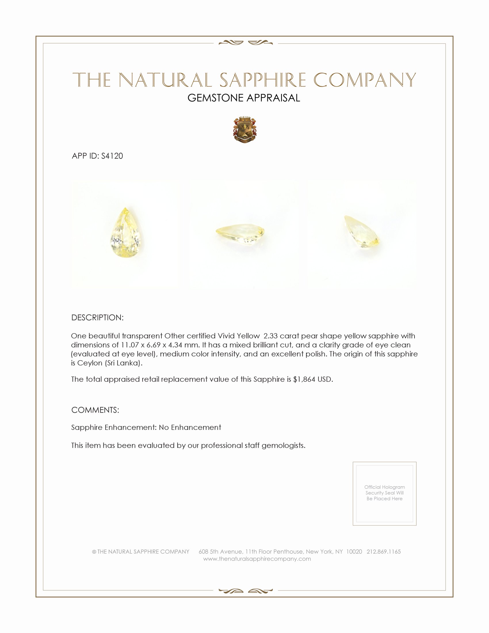 2.33 Ct. Yellow Sapphire from Ceylon (Sri Lanka)