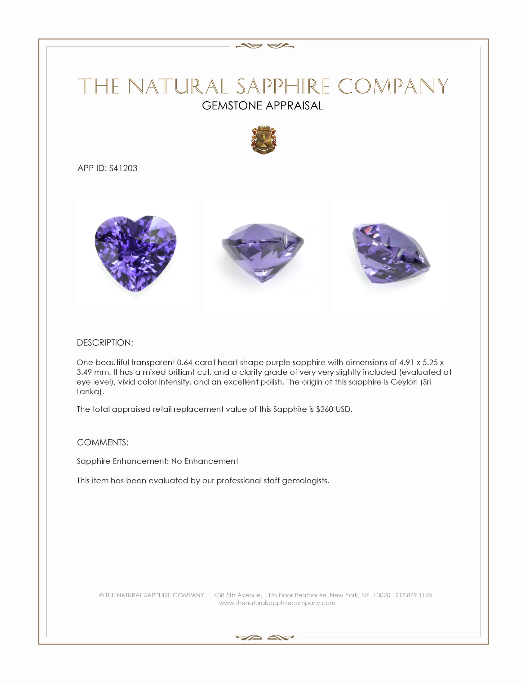 0.64 Ct. Purple Sapphire from Ceylon (Sri Lanka)