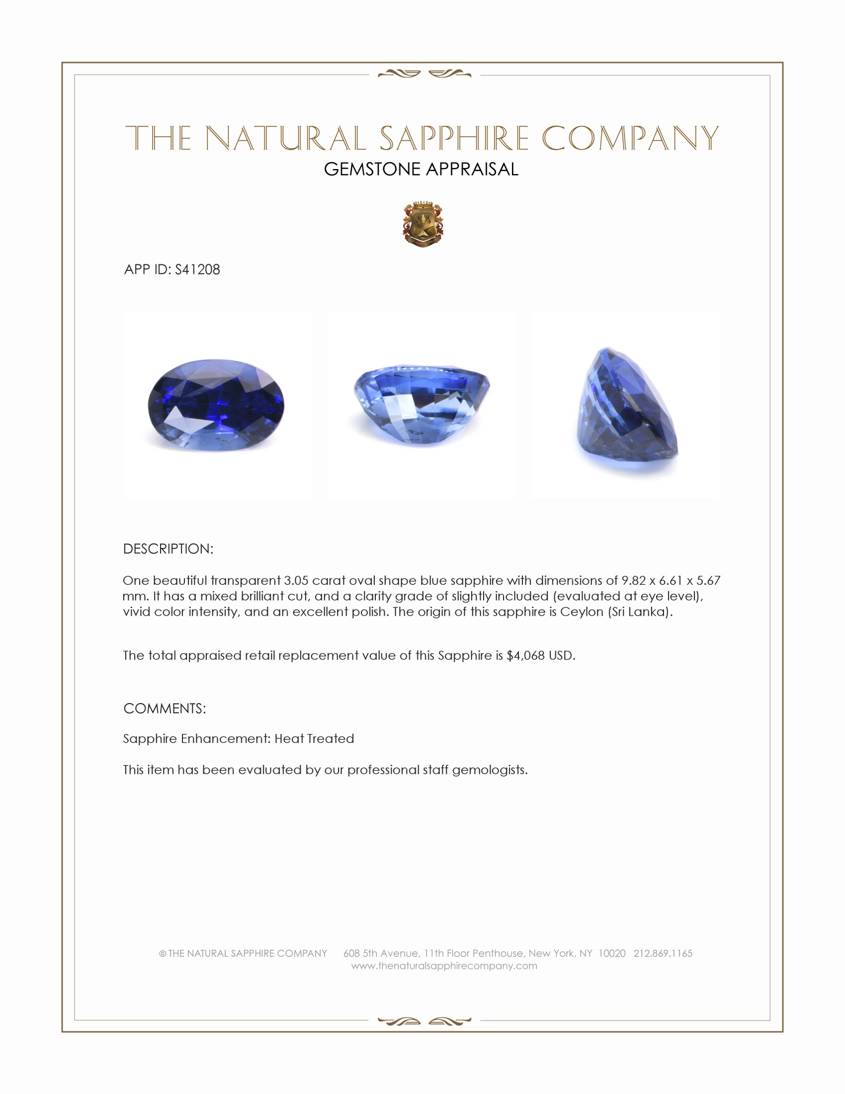 3.05 Ct. Blue Sapphire from Ceylon (Sri Lanka)