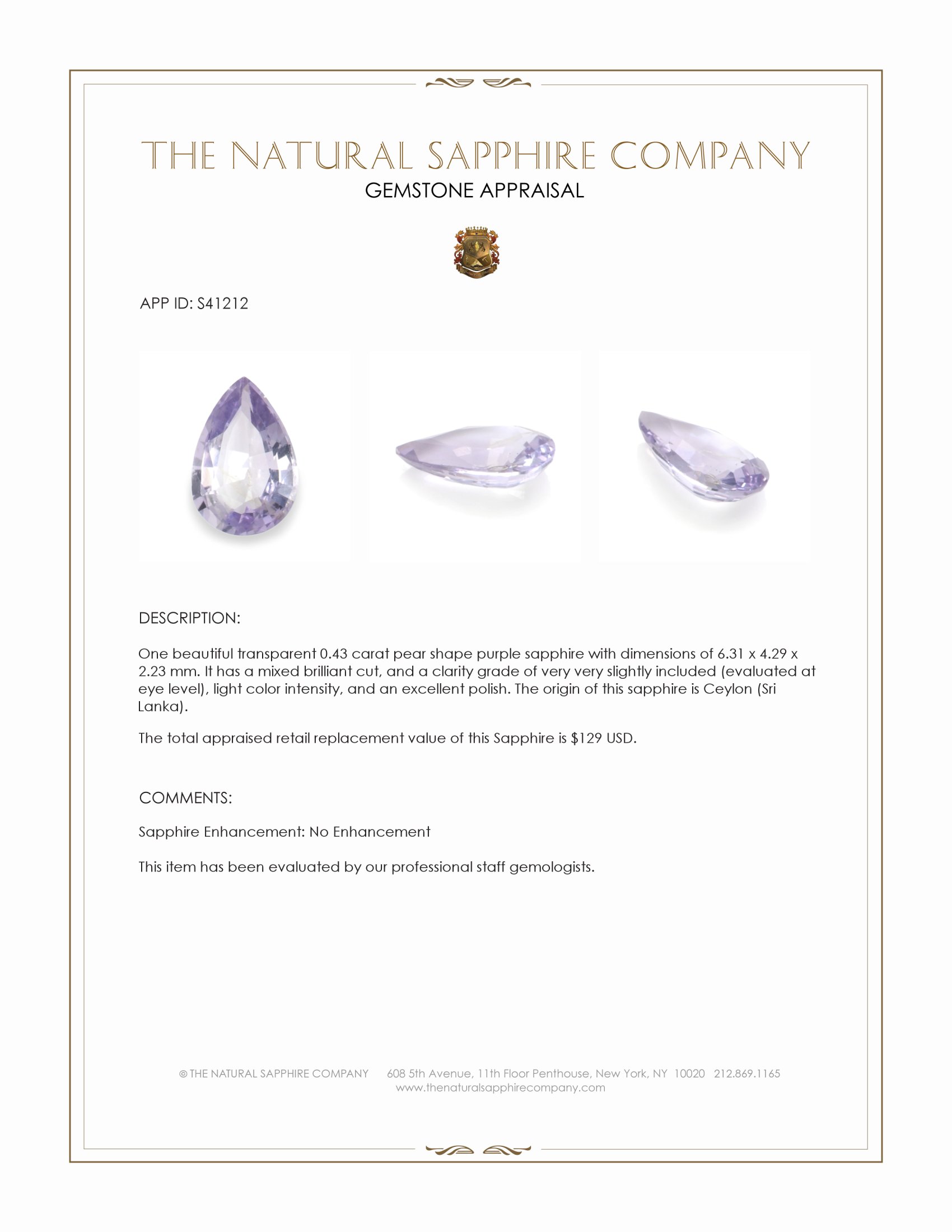 0.43 Ct. Purple Sapphire from Ceylon (Sri Lanka)