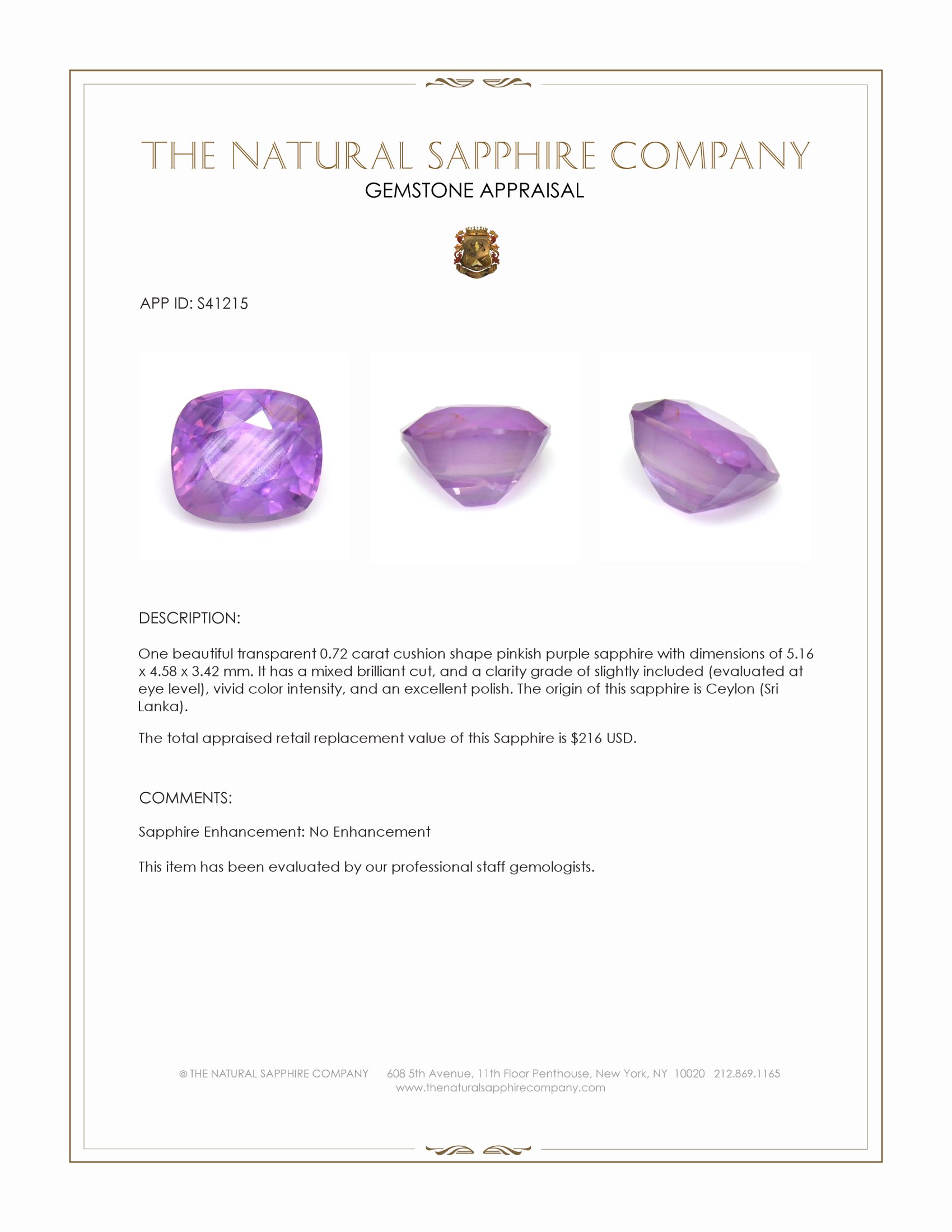 0.72 Ct. Pinkish Purple Sapphire from Ceylon (Sri Lanka)