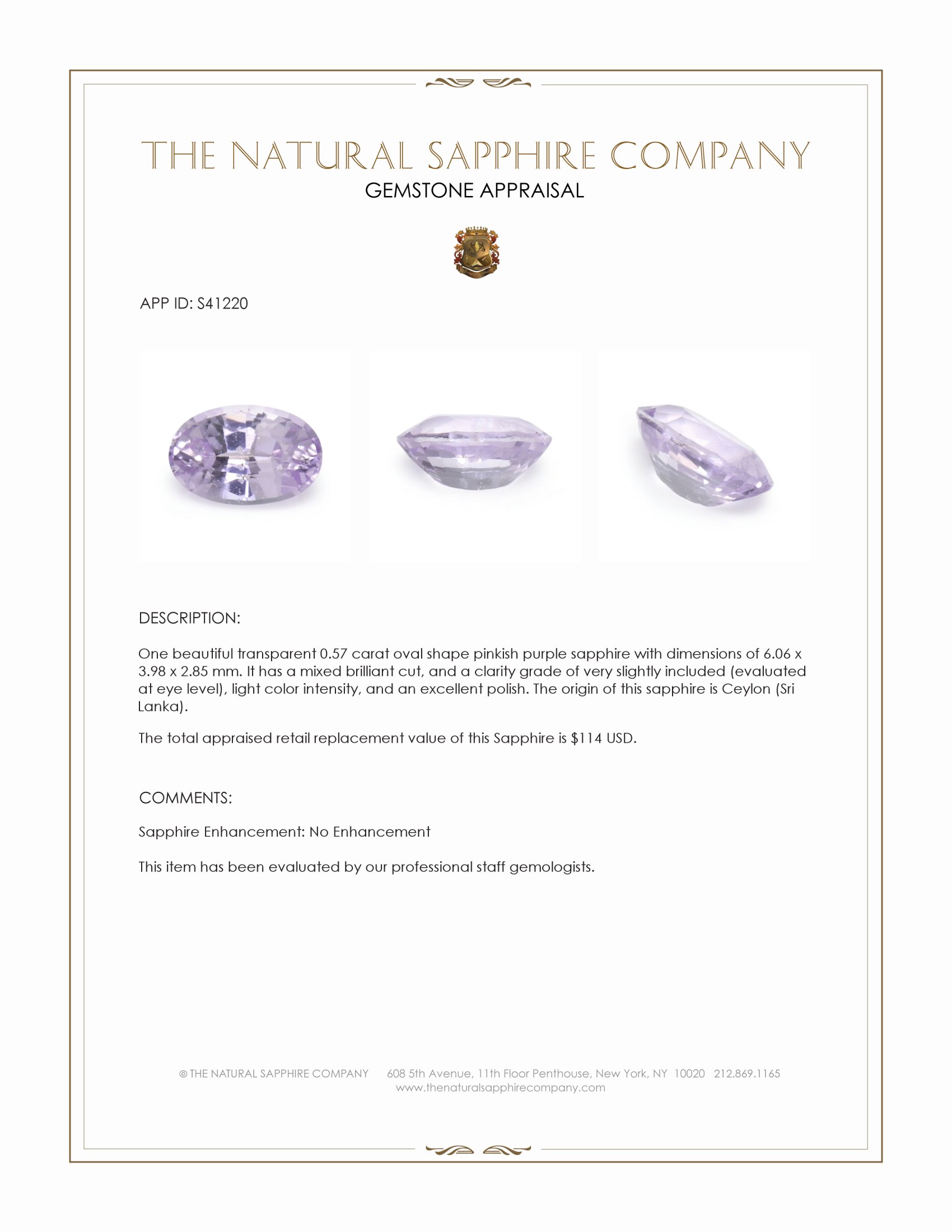 0.57 Ct. Pinkish Purple Sapphire from Ceylon (Sri Lanka)