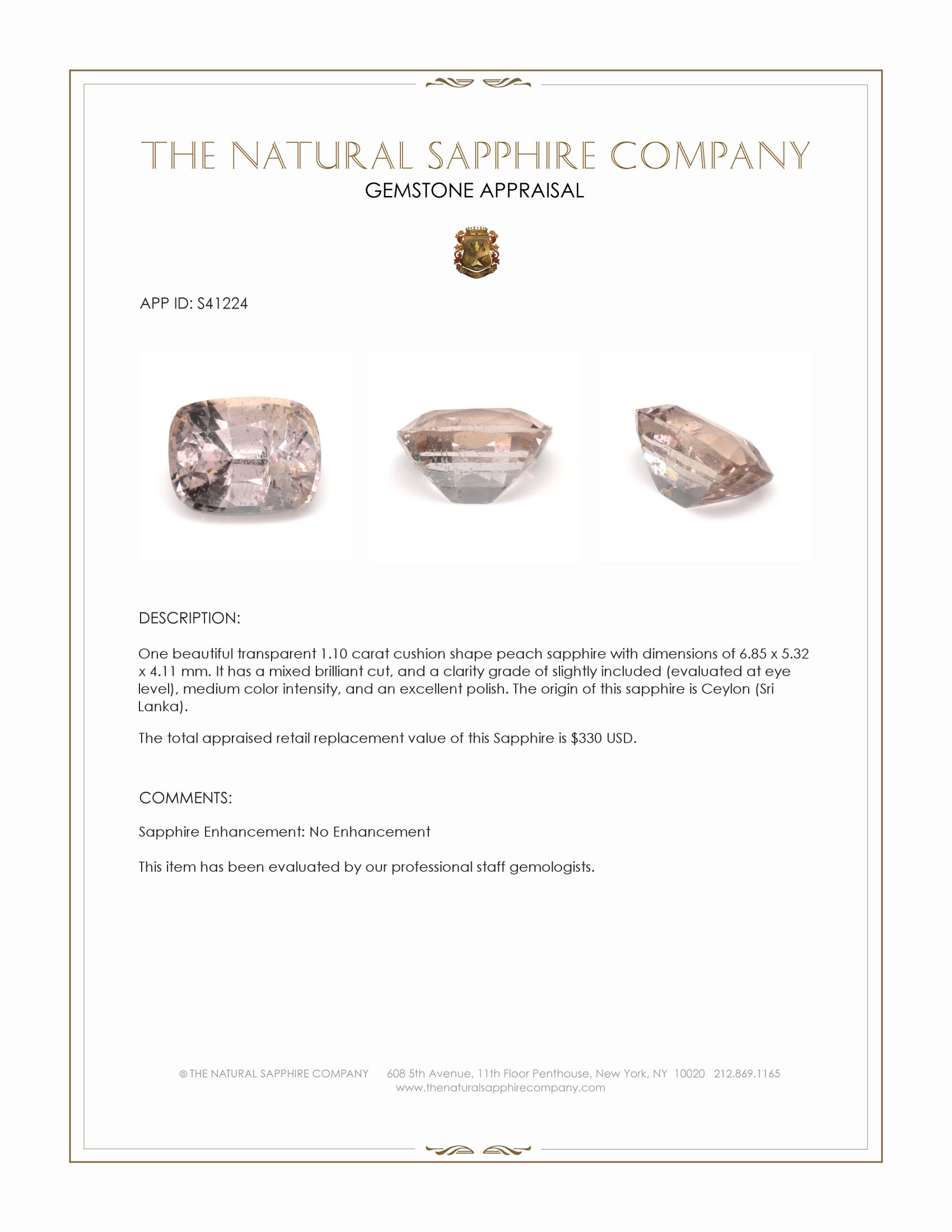 1.10 Ct. Peach Sapphire from Ceylon (Sri Lanka)