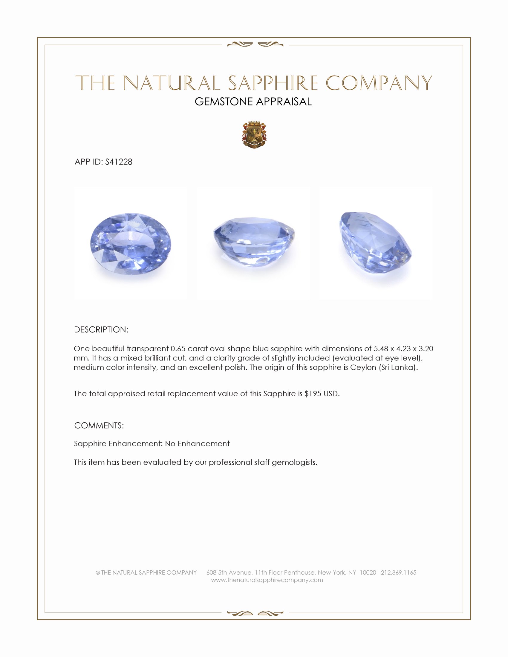 0.65 Ct. Blue Sapphire from Ceylon (Sri Lanka)