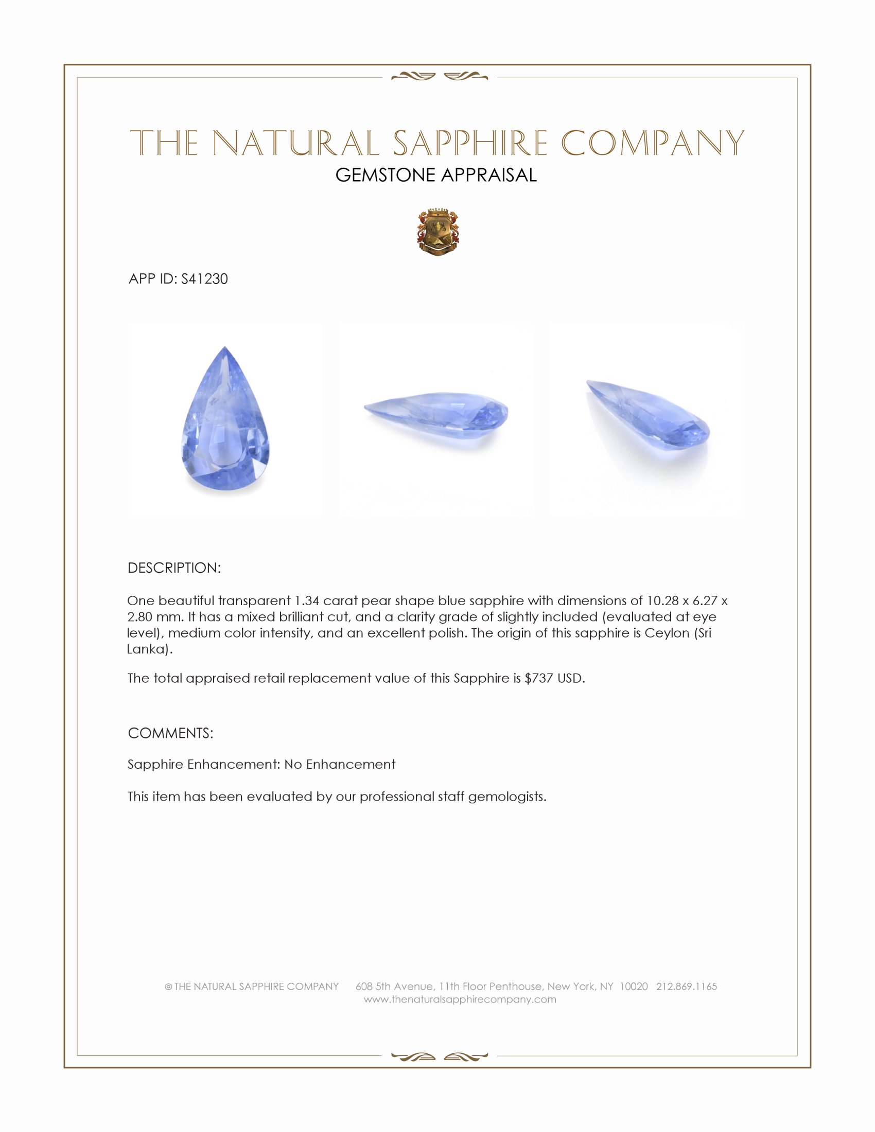 1.34 Ct. Blue Sapphire from Ceylon (Sri Lanka)