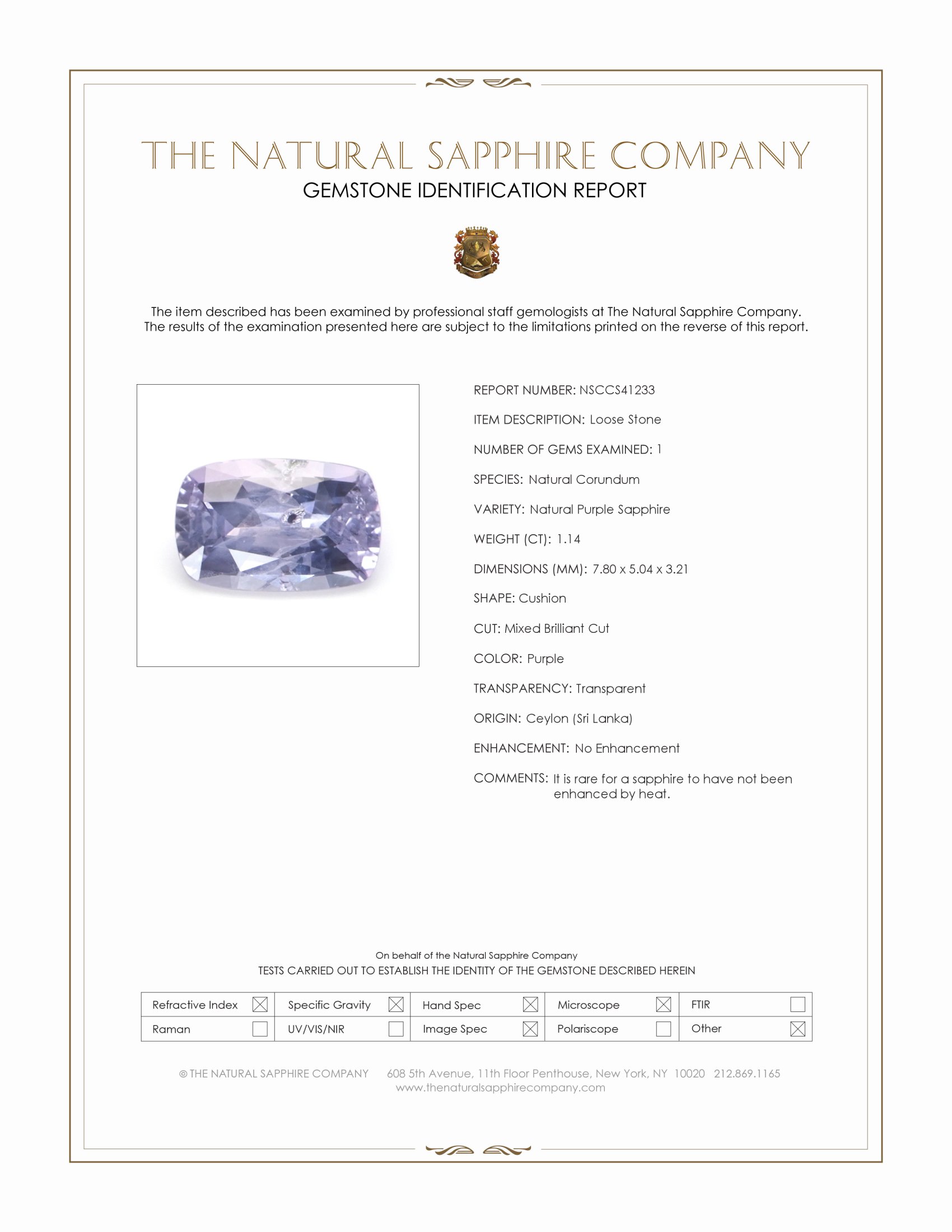 1.14 Ct. Purple Sapphire from Ceylon (Sri Lanka)