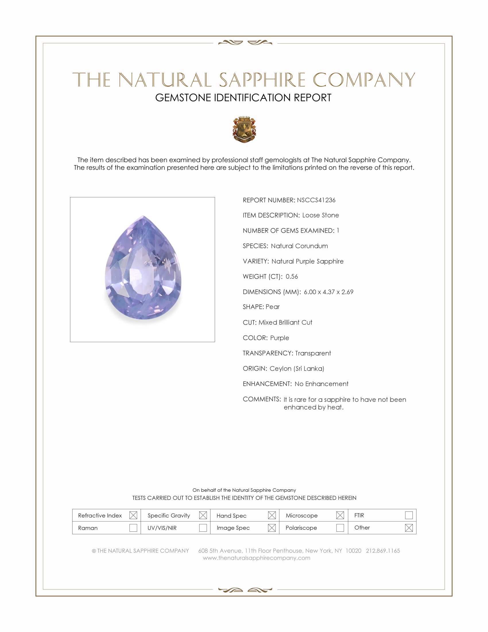 0.56 Ct. Purple Sapphire from Ceylon (Sri Lanka)