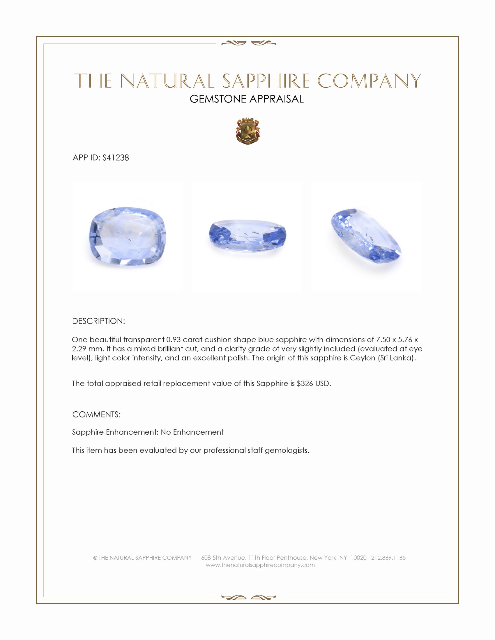 0.93 Ct. Blue Sapphire from Ceylon (Sri Lanka)