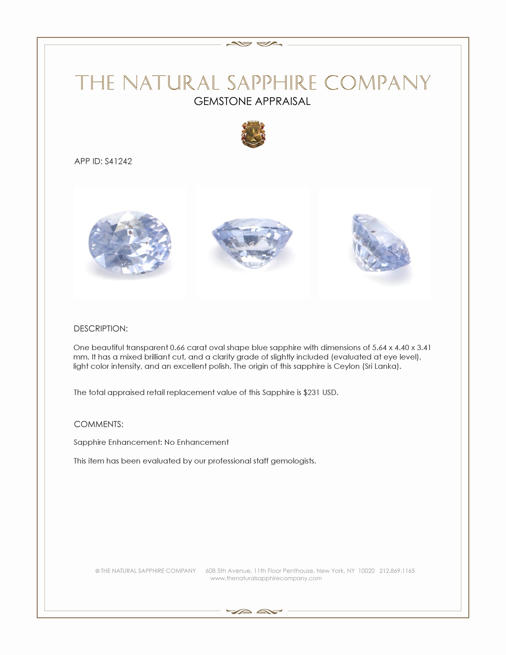 0.66 Ct. Blue Sapphire from Ceylon (Sri Lanka)