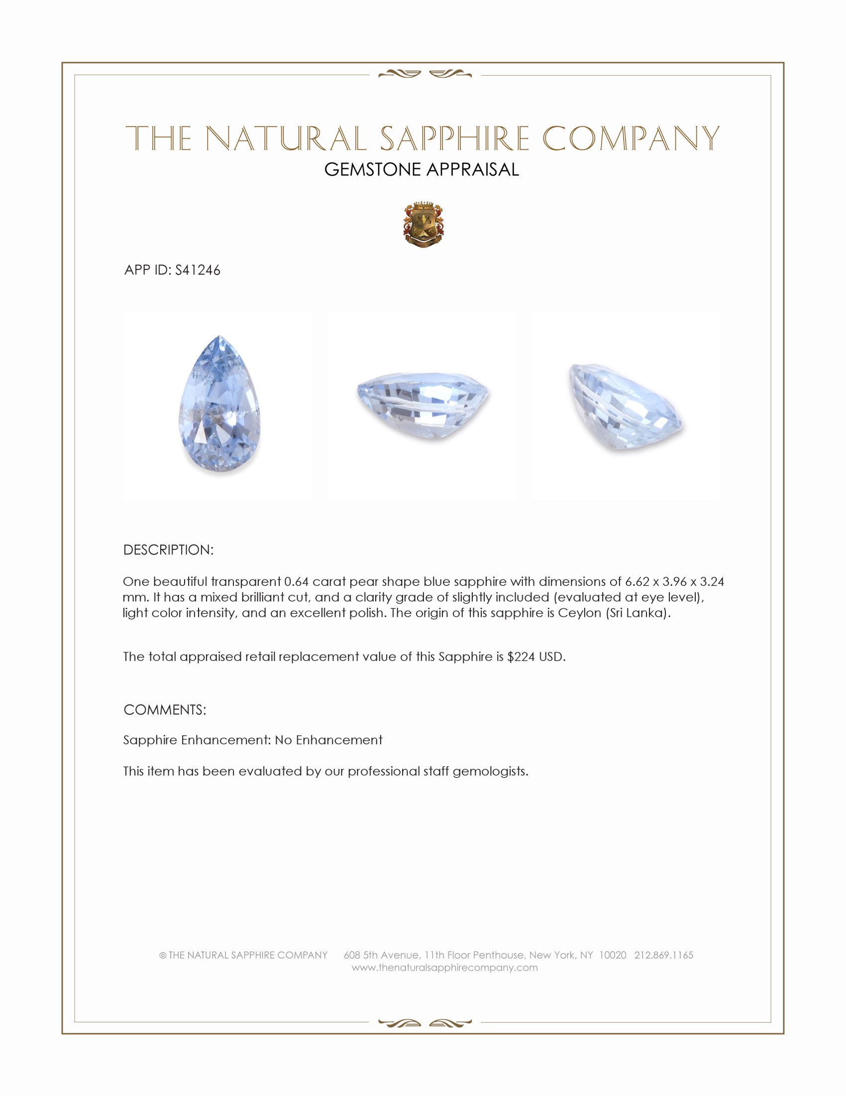 0.64 Ct. Blue Sapphire from Ceylon (Sri Lanka)